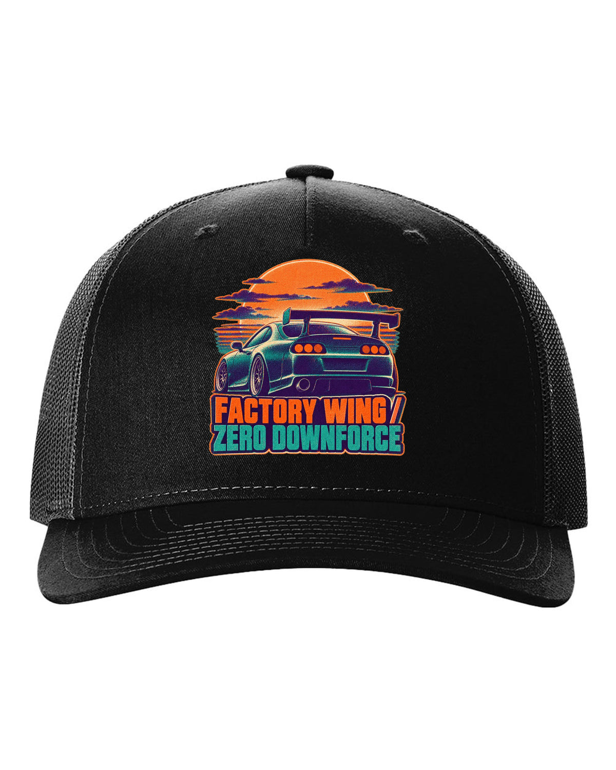 Risograph two-colour dusk print of a Toyota Supra A80 JZA80 with factory wing zero downforce text black hat front view with the design
