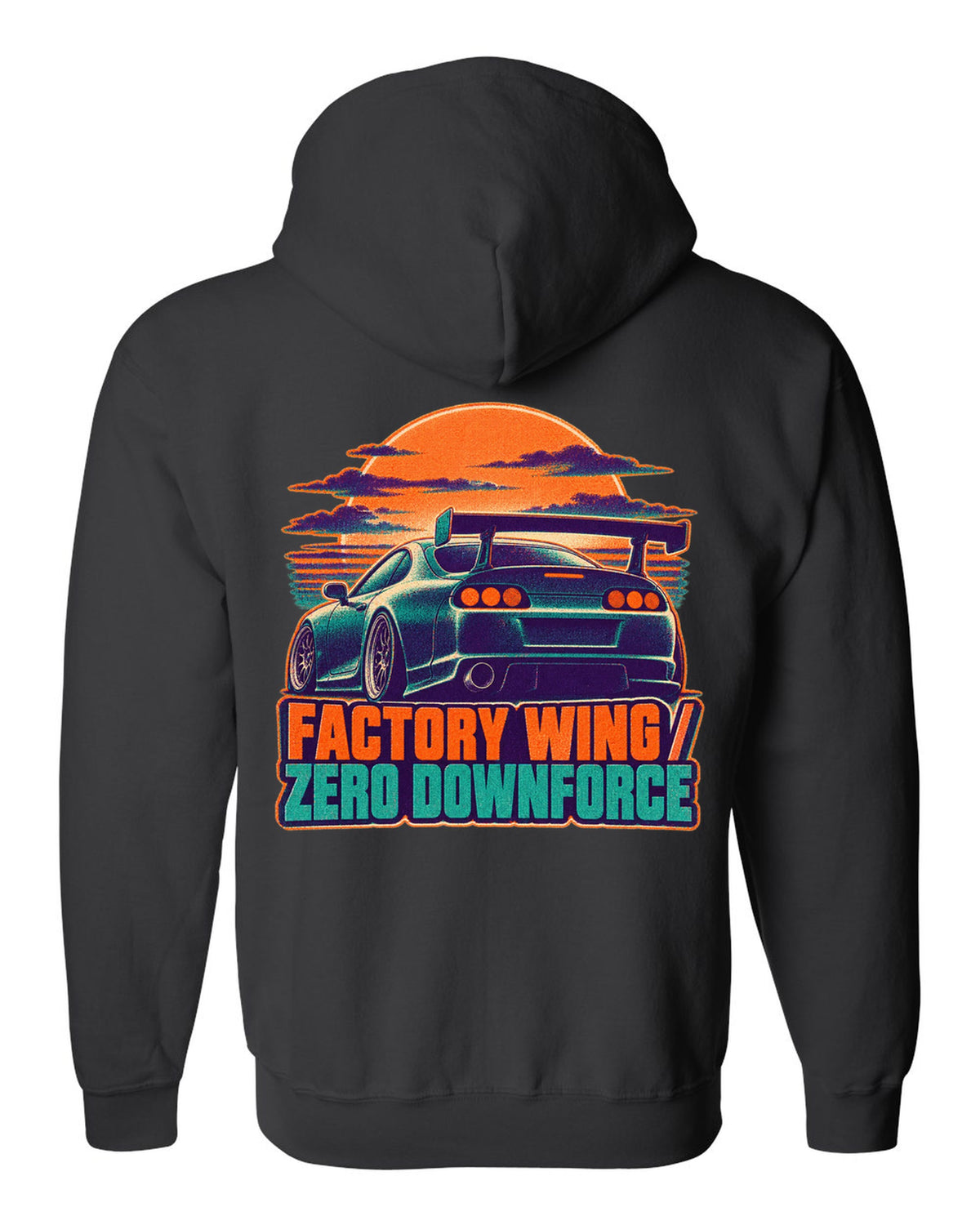 Risograph two-colour dusk print of a Toyota Supra A80 JZA80 with factory wing zero downforce text black zip hoodie back view with the design