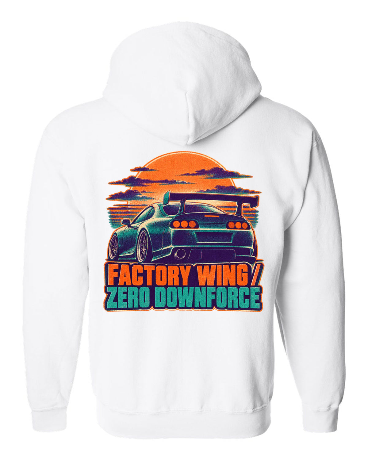 Risograph two-colour dusk print of a Toyota Supra A80 JZA80 with factory wing zero downforce text white zip hoodie back view with the design