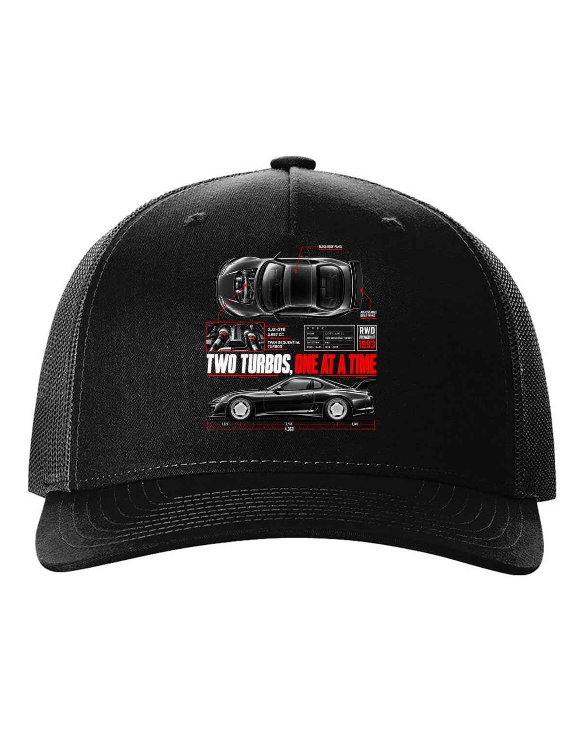 Spec poster print of a Toyota Supra A80 JZA80 with 2JZ-GTE lettering black hat front view with the design
