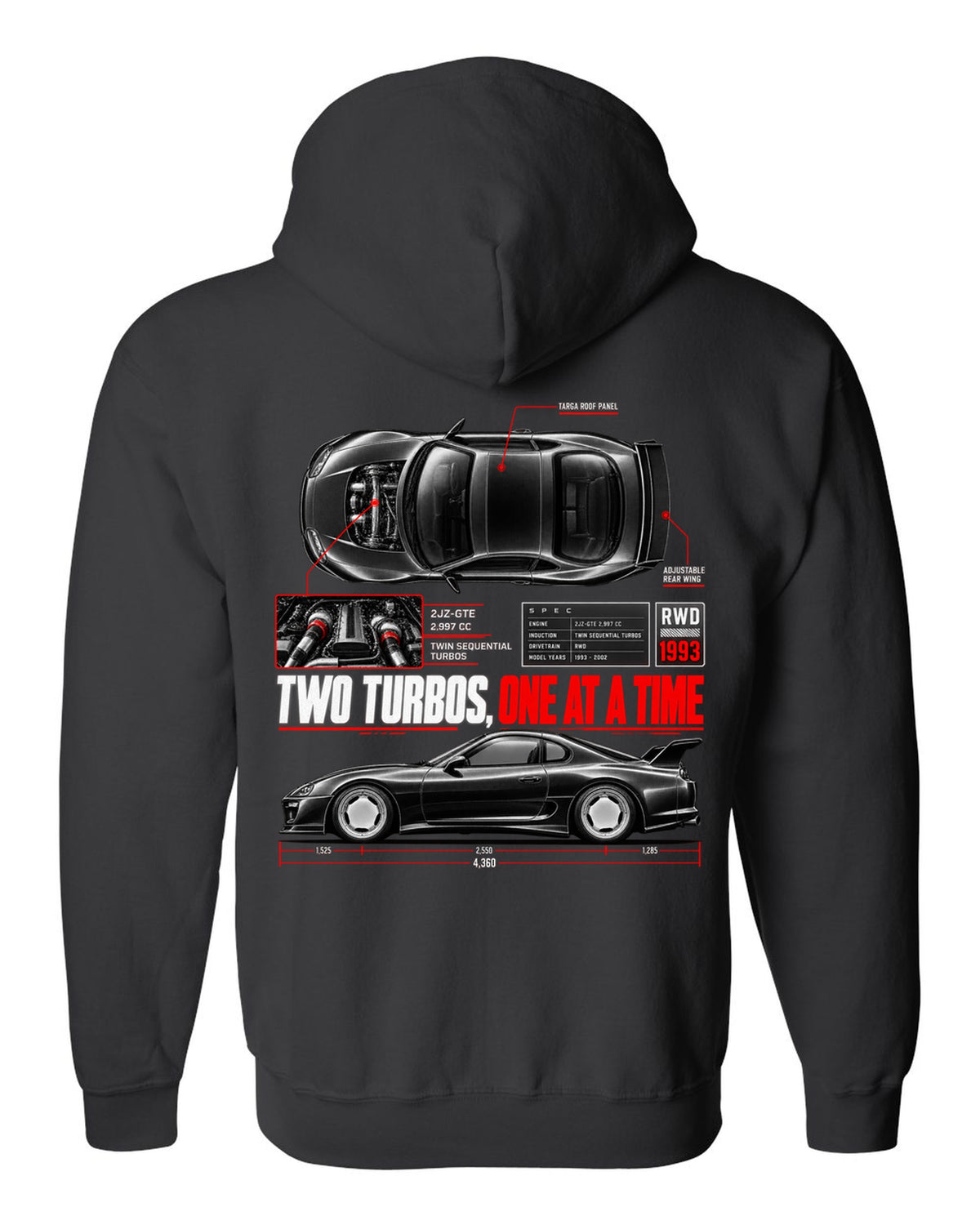 Spec poster print of a Toyota Supra A80 JZA80 with 2JZ-GTE lettering black zip hoodie back view with the design