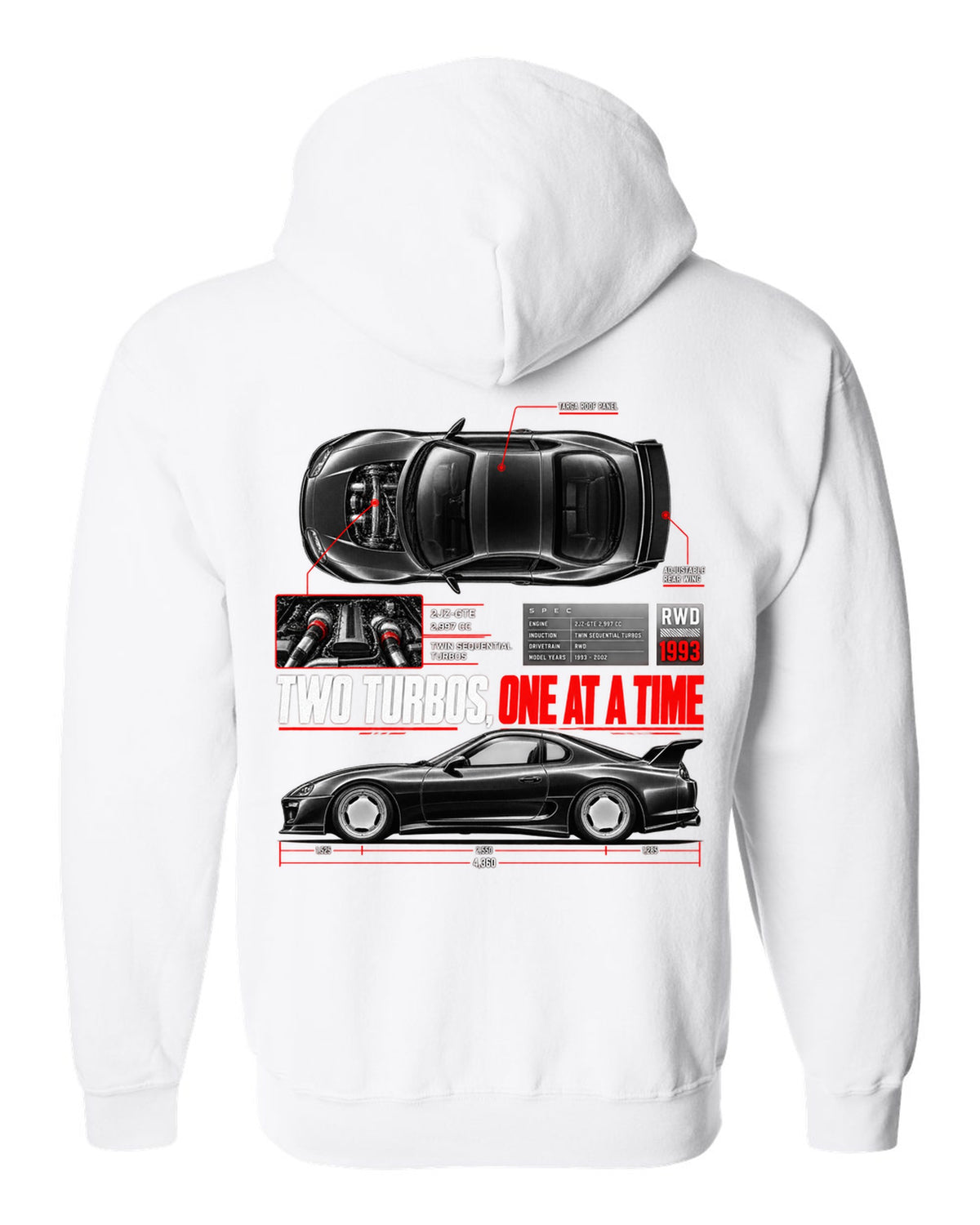 Spec poster print of a Toyota Supra A80 JZA80 with 2JZ-GTE lettering white zip hoodie back view with the design