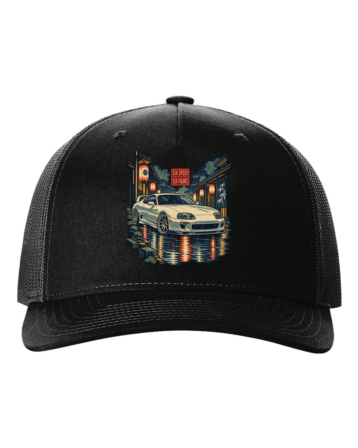 Ukiyo-e woodblock scene of a Toyota Supra A80 JZA80 in lantern rain with six speed six figures text black hat front view with the design