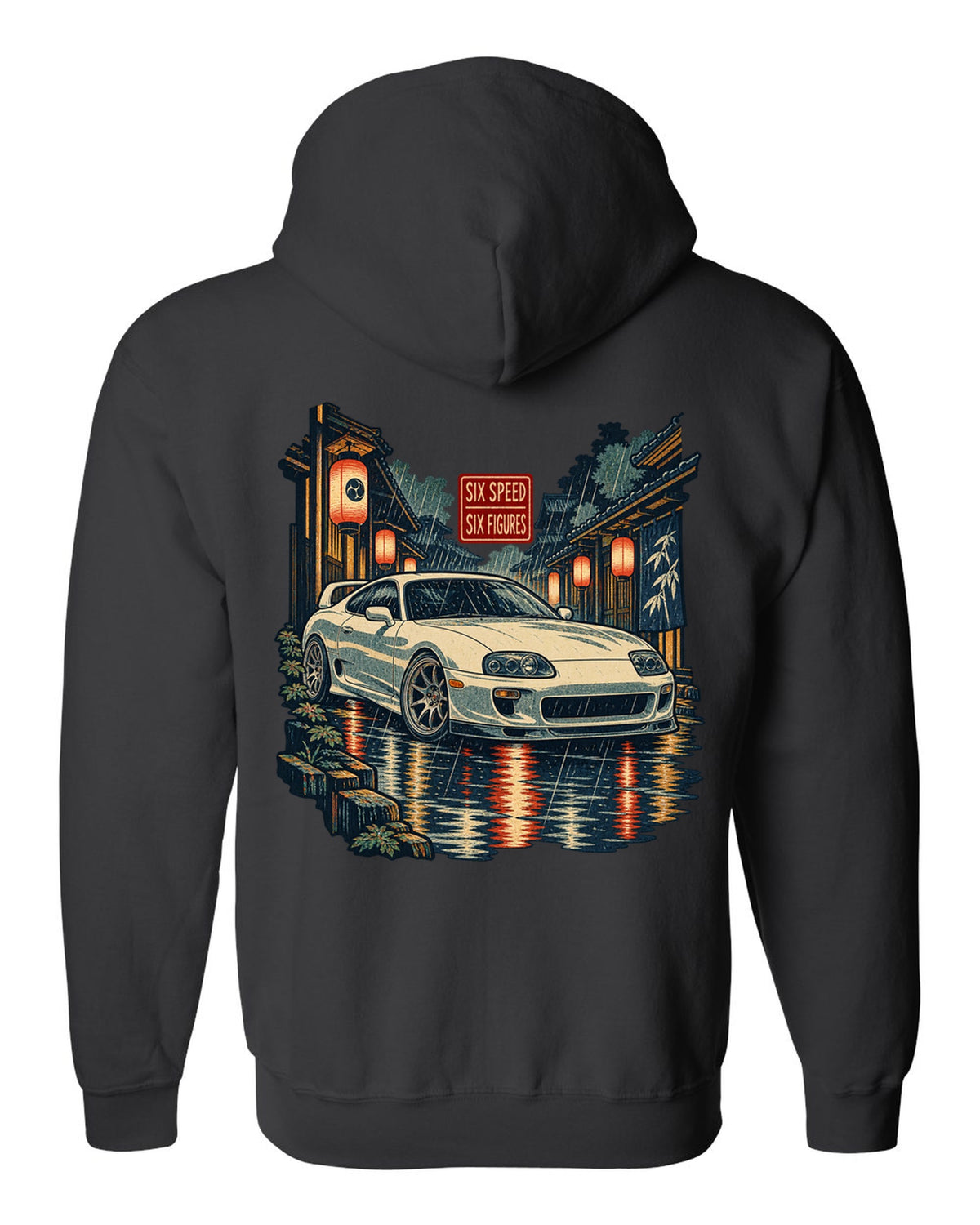 Ukiyo-e woodblock scene of a Toyota Supra A80 JZA80 in lantern rain with six speed six figures text black zip hoodie back view with the design