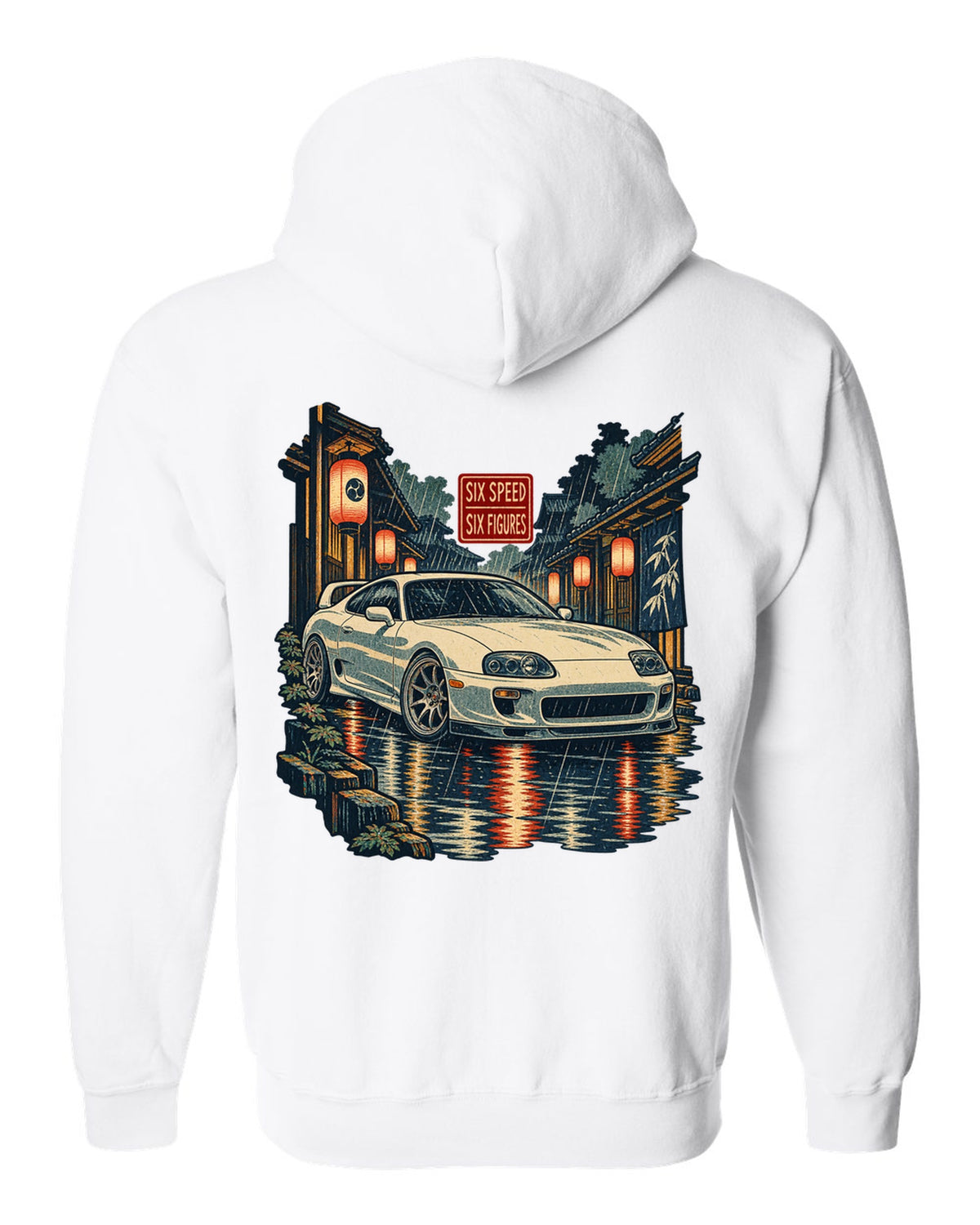 Ukiyo-e woodblock scene of a Toyota Supra A80 JZA80 in lantern rain with six speed six figures text white zip hoodie back view with the design