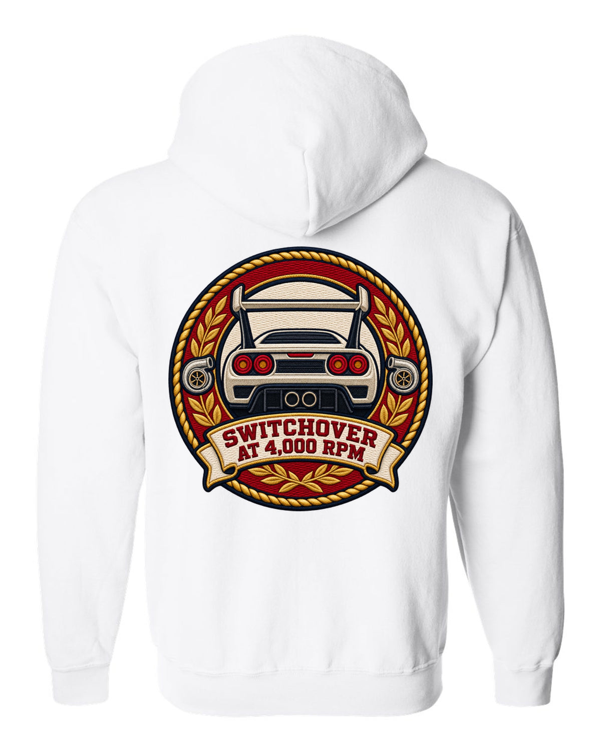 Varsity crest design for the Toyota Supra A80 JZA80 twin turbo white zip hoodie back view with the design