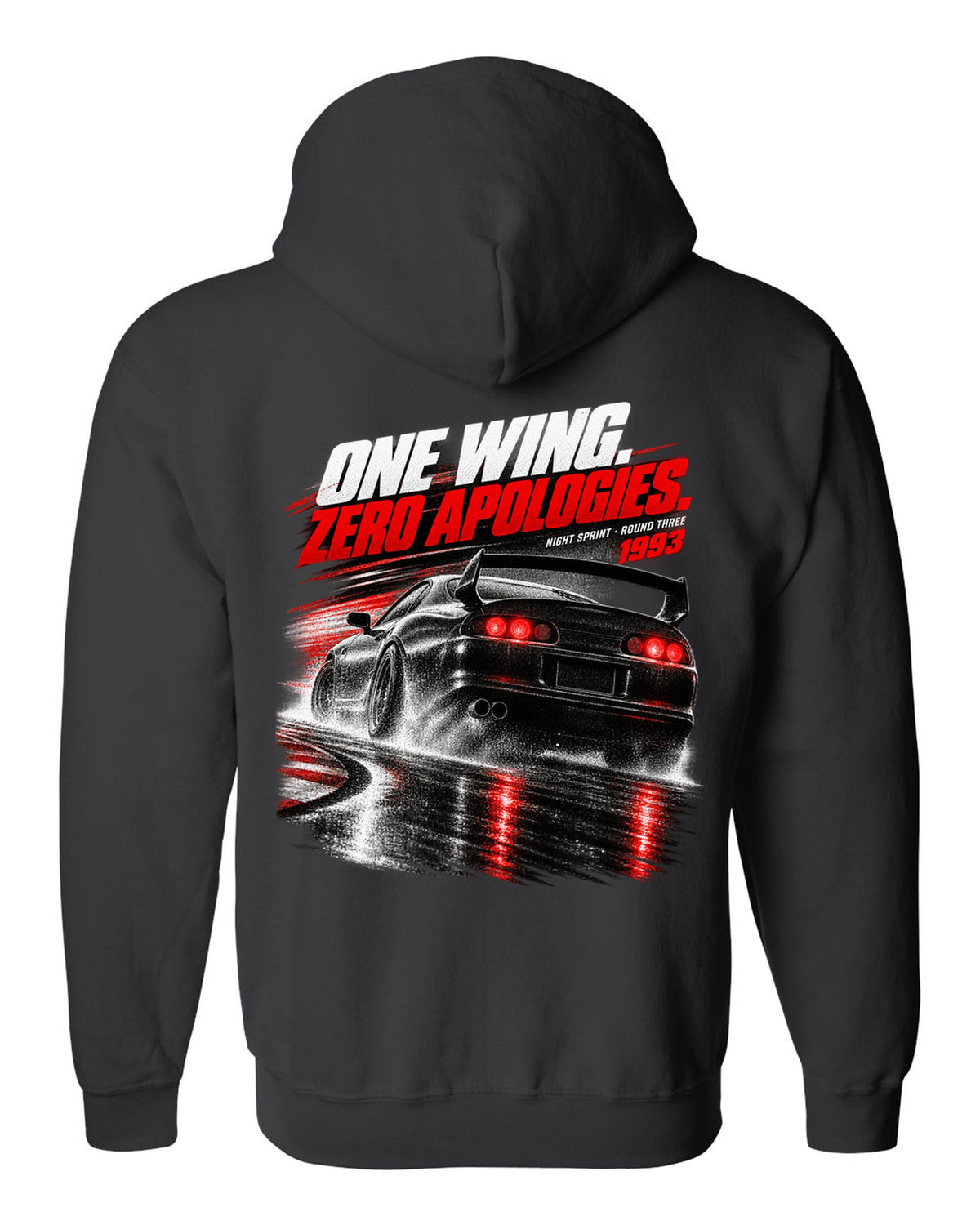 Race poster print of a Toyota Supra A80 JZA80 rear with the text One Wing Zero Apologies Round Three black zip hoodie back view with the design