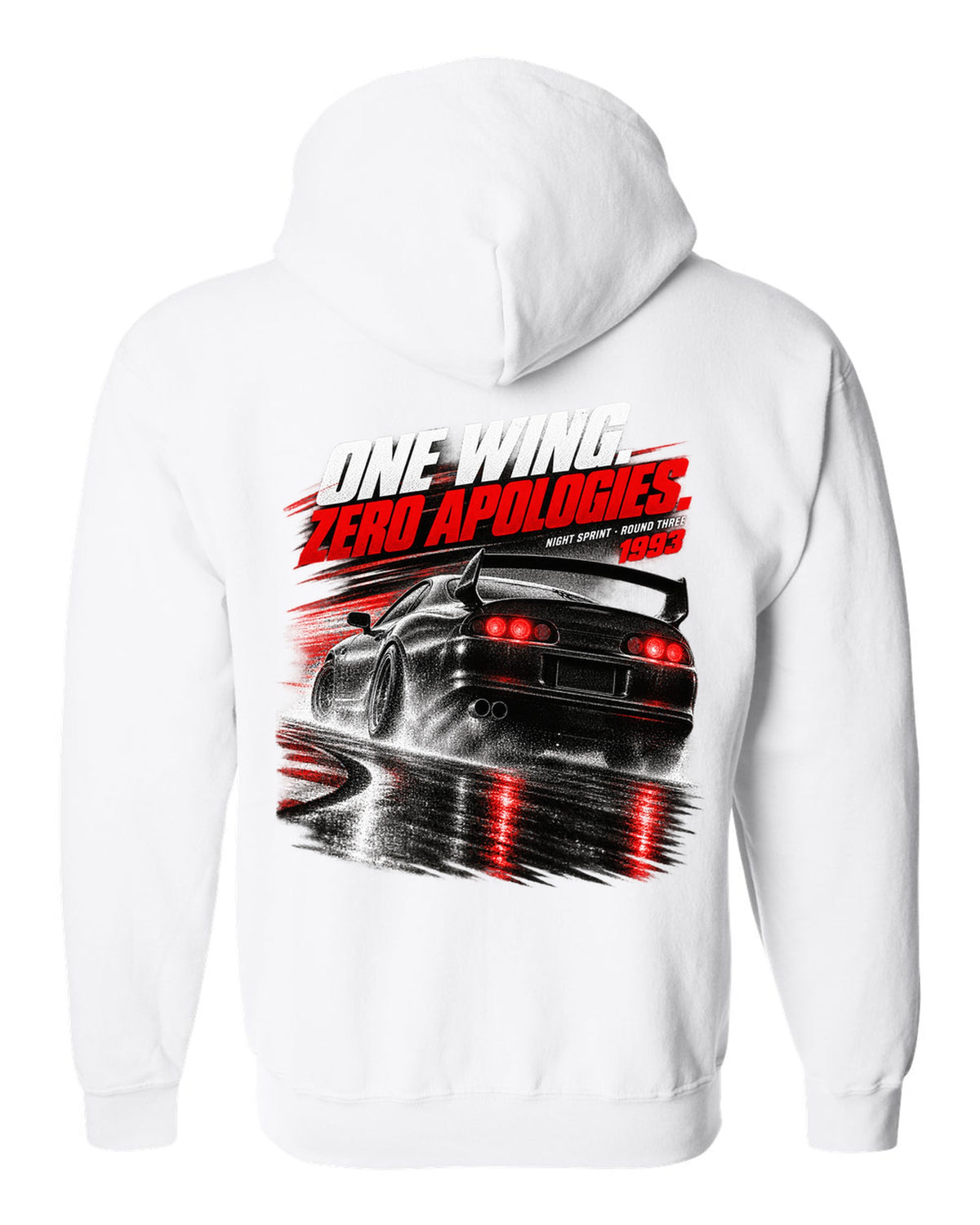 Race poster print of a Toyota Supra A80 JZA80 rear with the text One Wing Zero Apologies Round Three white zip hoodie back view with the design