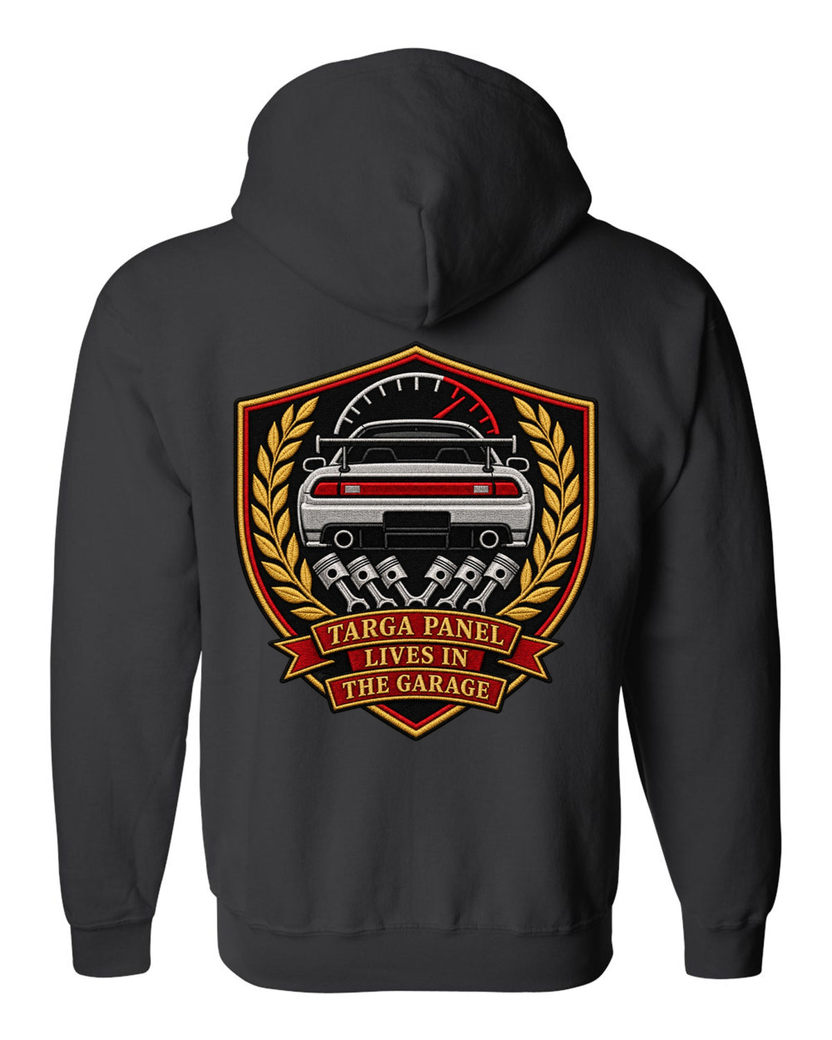 Embroidery-style shield crest print for the Toyota Supra A80 with targa panel lives in the garage lettering black zip hoodie back view with the design