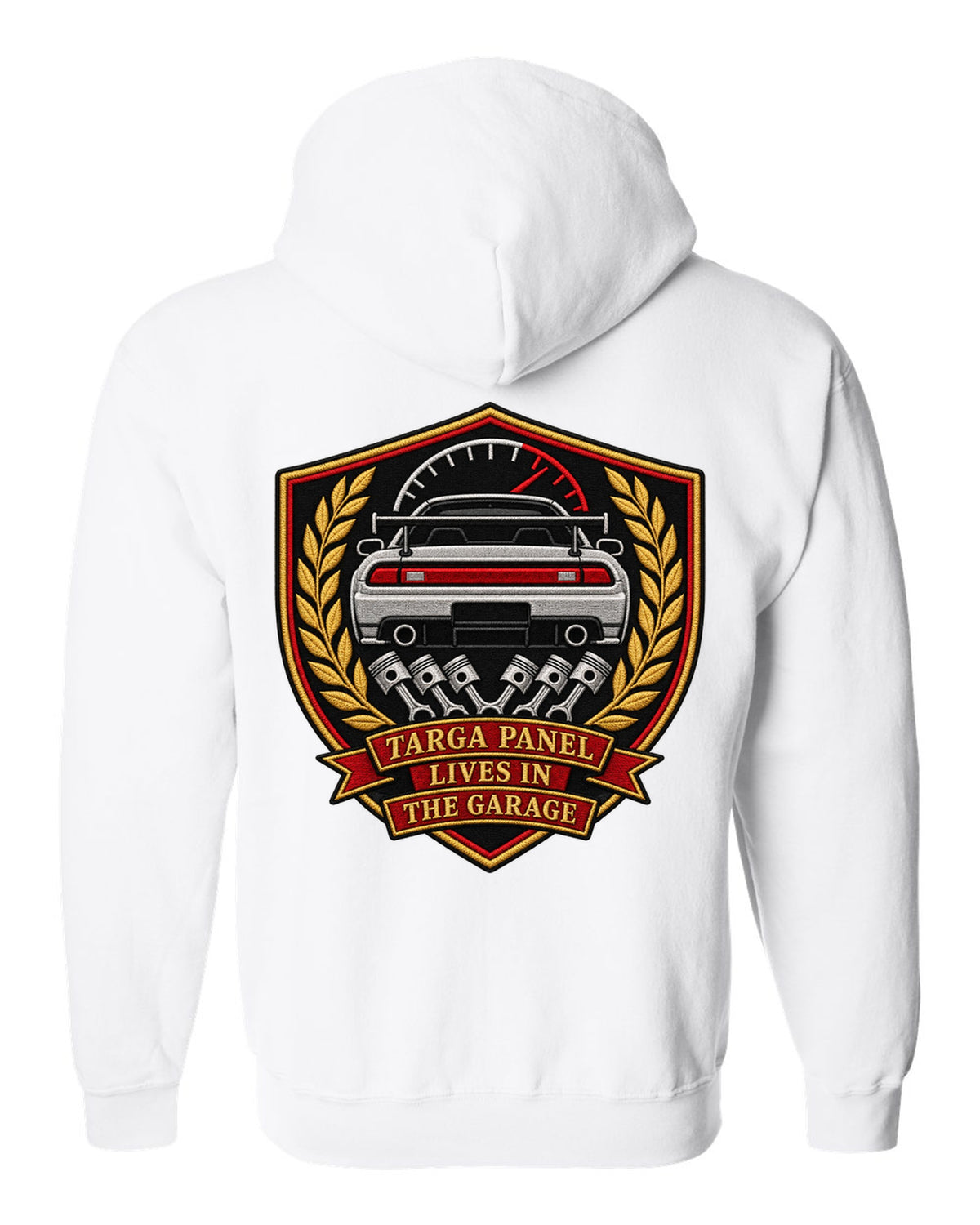 Embroidery-style shield crest print for the Toyota Supra A80 with targa panel lives in the garage lettering white zip hoodie back view with the design