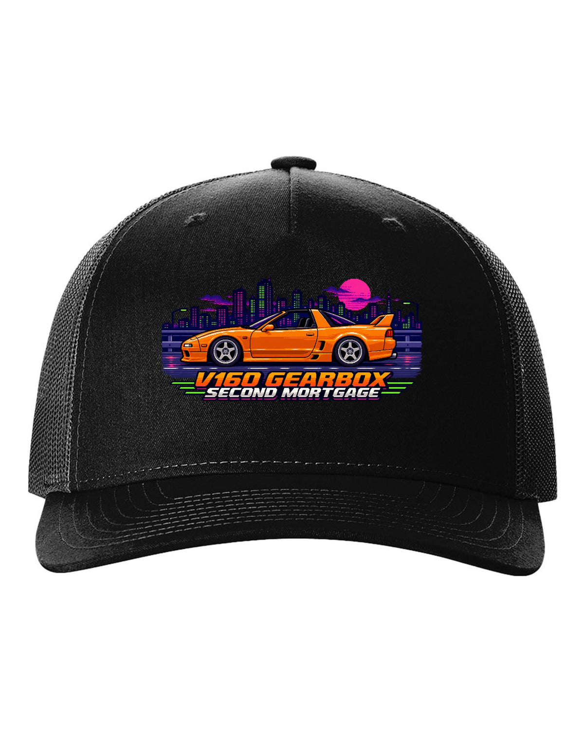 16-bit pixel art print of a Toyota Supra JZA80 with V160 gearbox second mortgage lettering black hat front view with the design