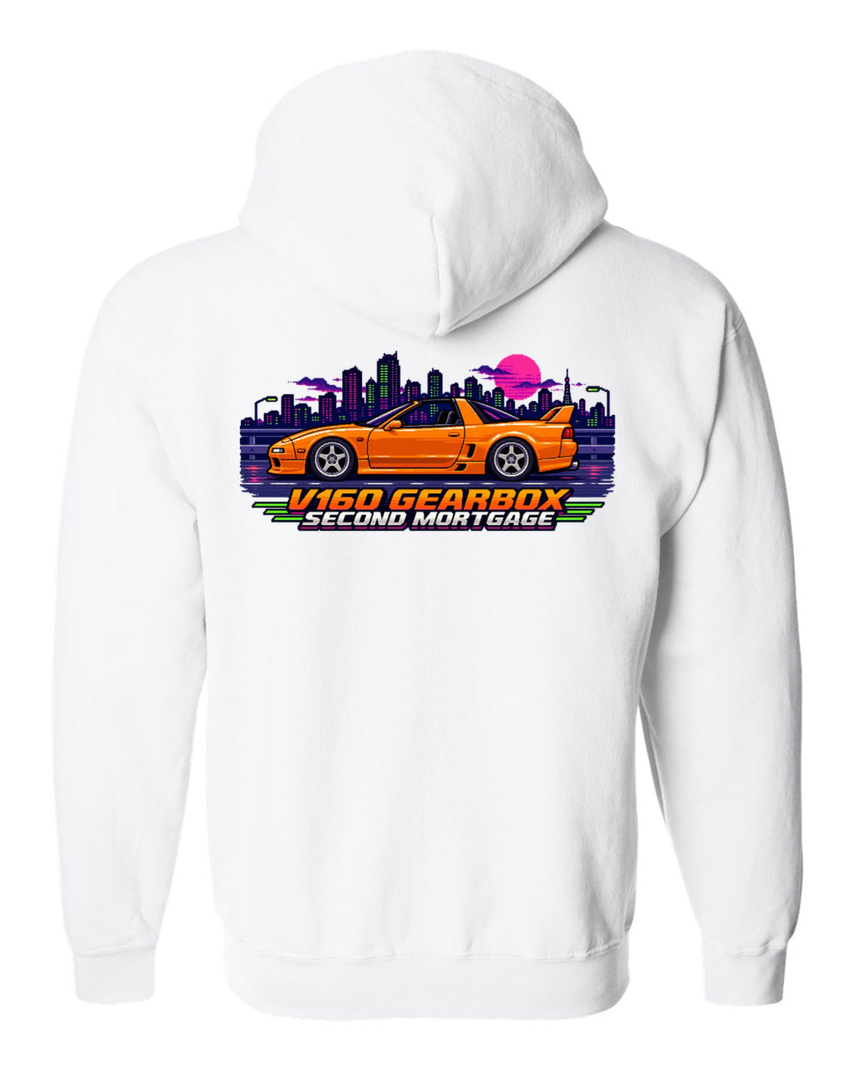 16-bit pixel art print of a Toyota Supra JZA80 with V160 gearbox second mortgage lettering white zip hoodie back view with the design