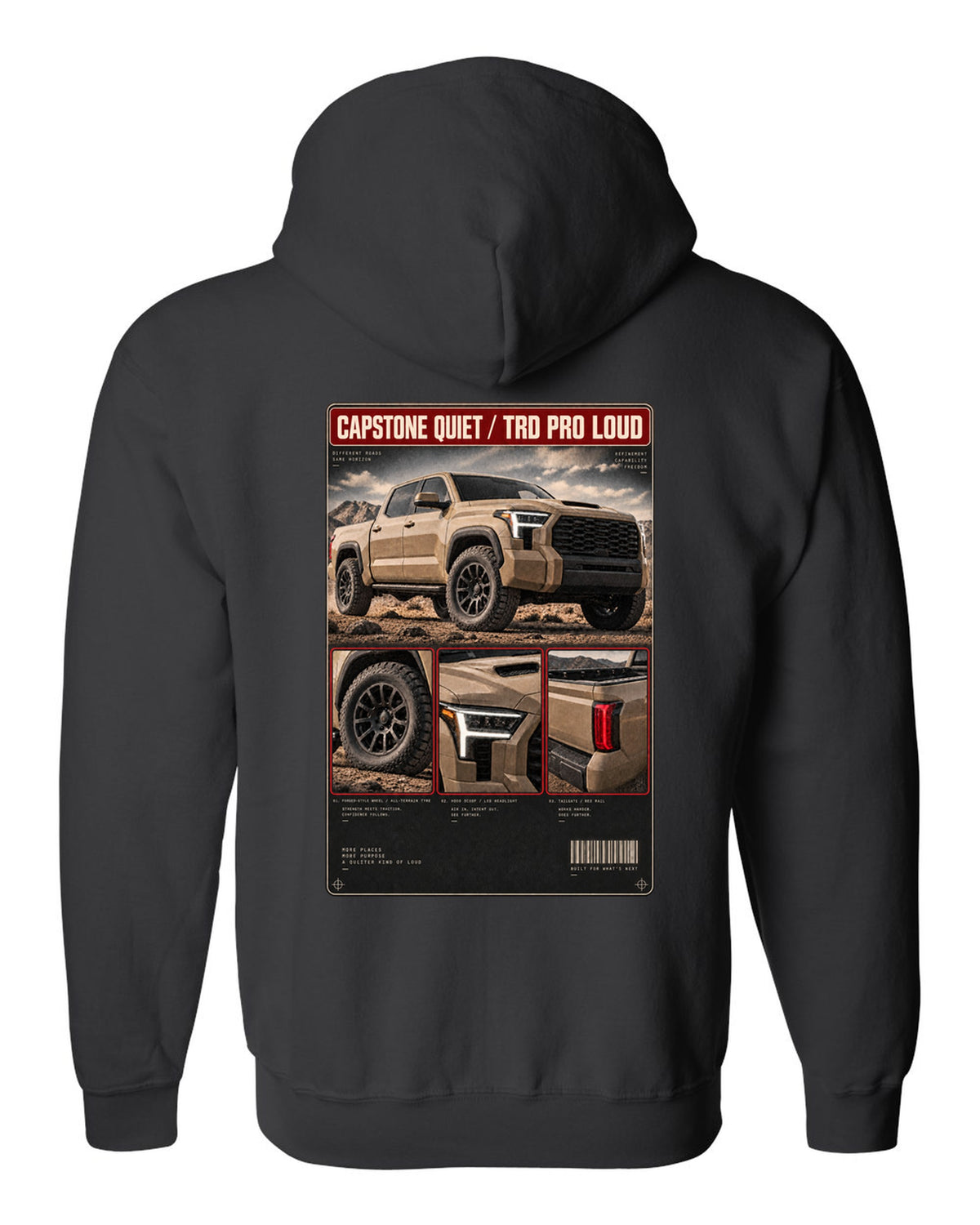 Toyota Tundra TRD Pro CrewMax dossier panel design black zip hoodie back view with the design