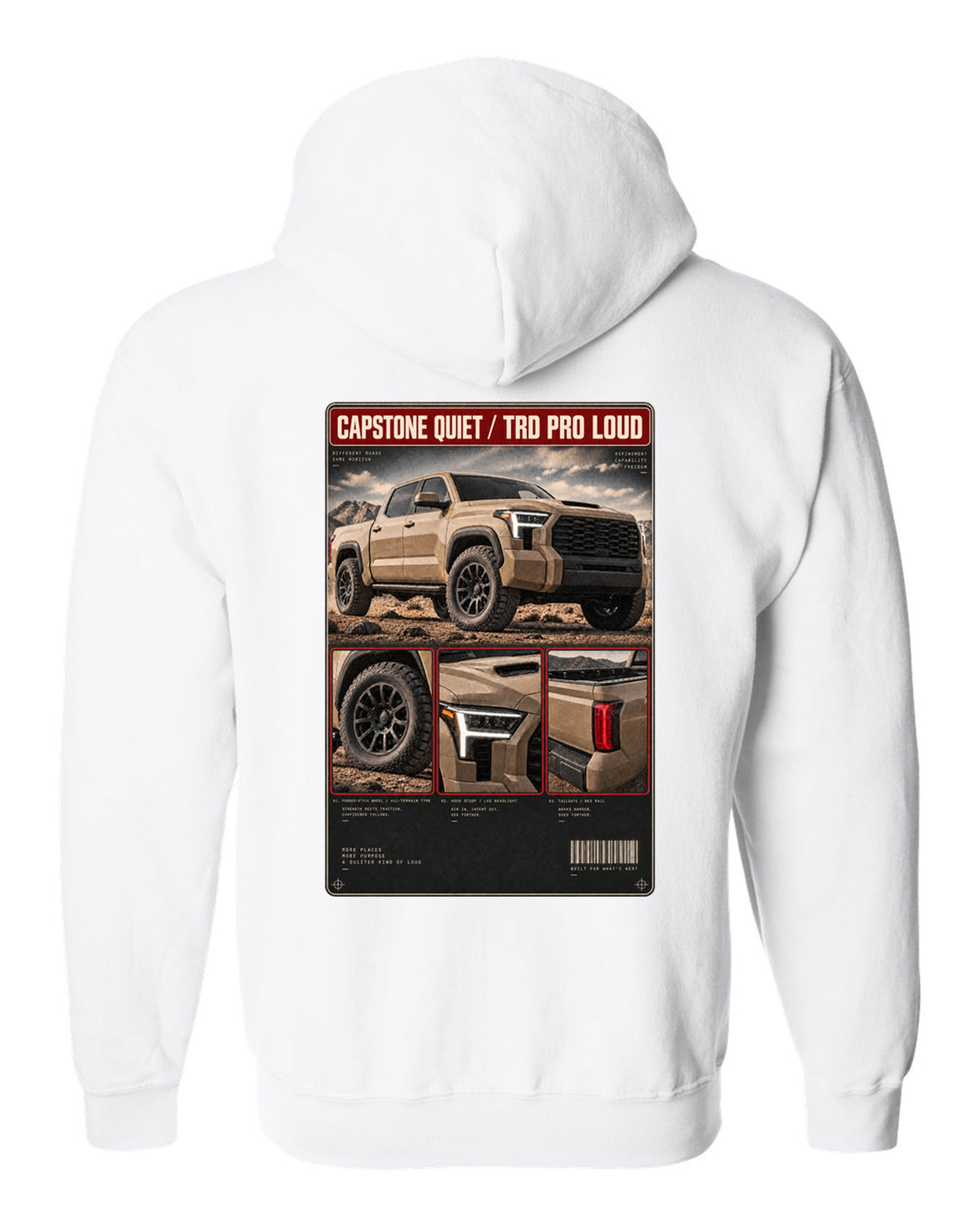 Toyota Tundra TRD Pro CrewMax dossier panel design white zip hoodie back view with the design