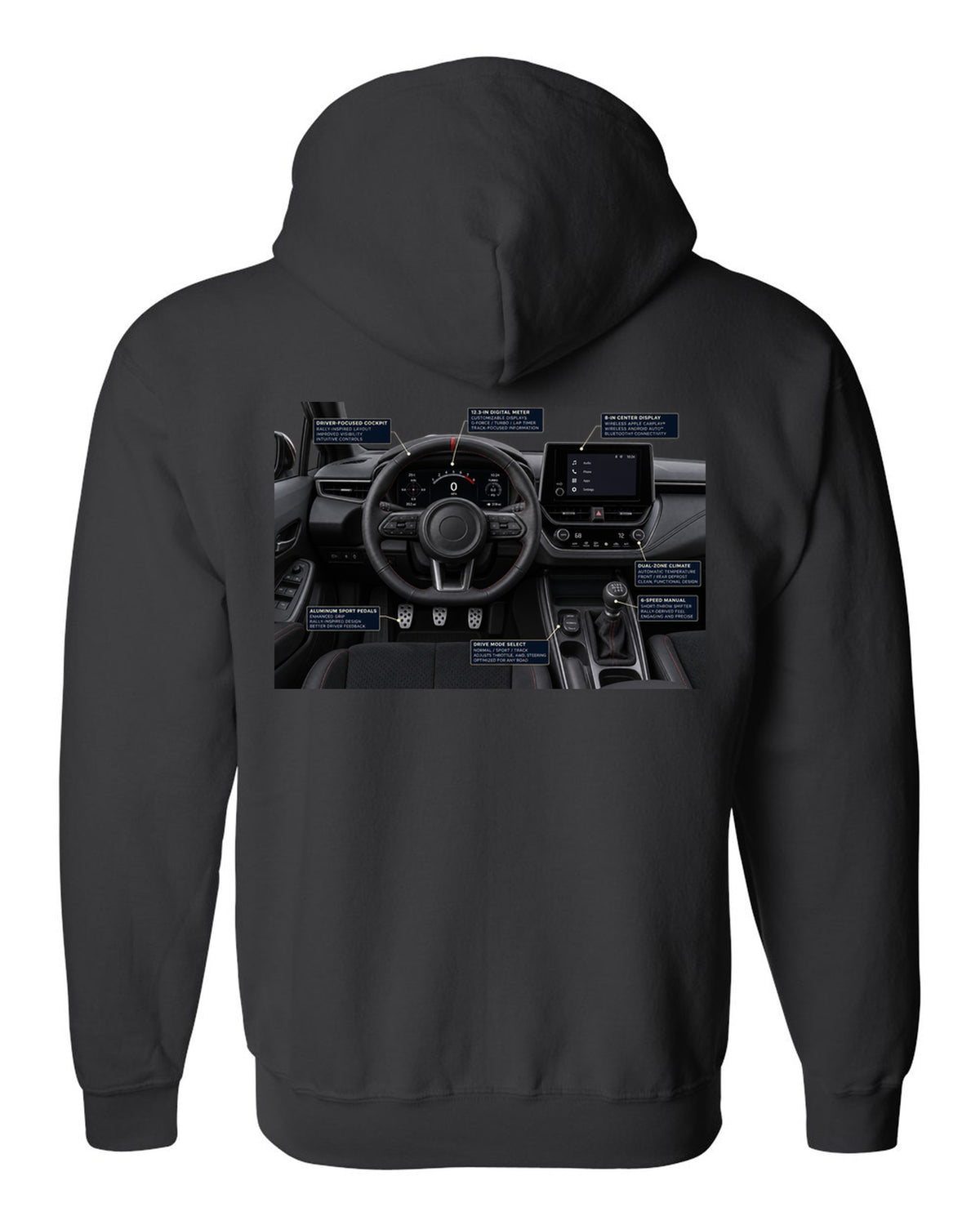 Toyota Tundra TRD Pro CrewMax three-view drawing with spec table black zip hoodie back view with the design