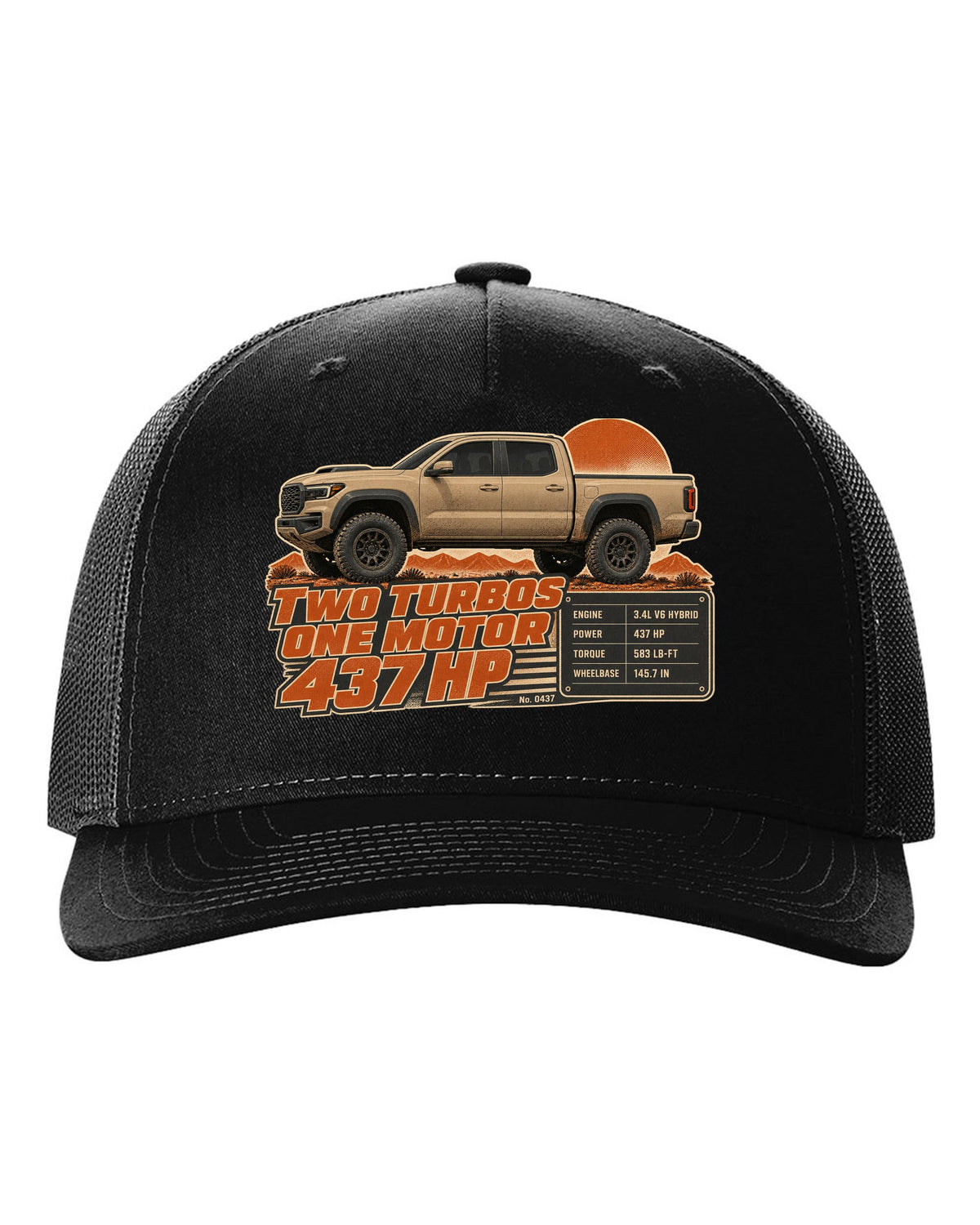 Toyota Tundra TRD Pro i-FORCE MAX hybrid spec poster design black hat front view with the design