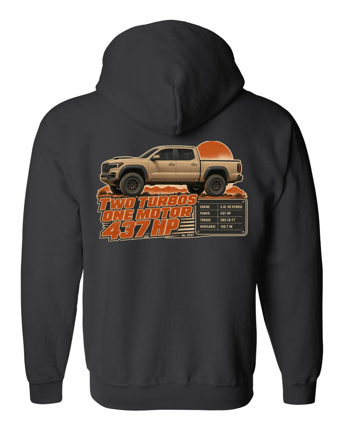 Toyota Tundra TRD Pro i-FORCE MAX hybrid spec poster design black zip hoodie back view with the design
