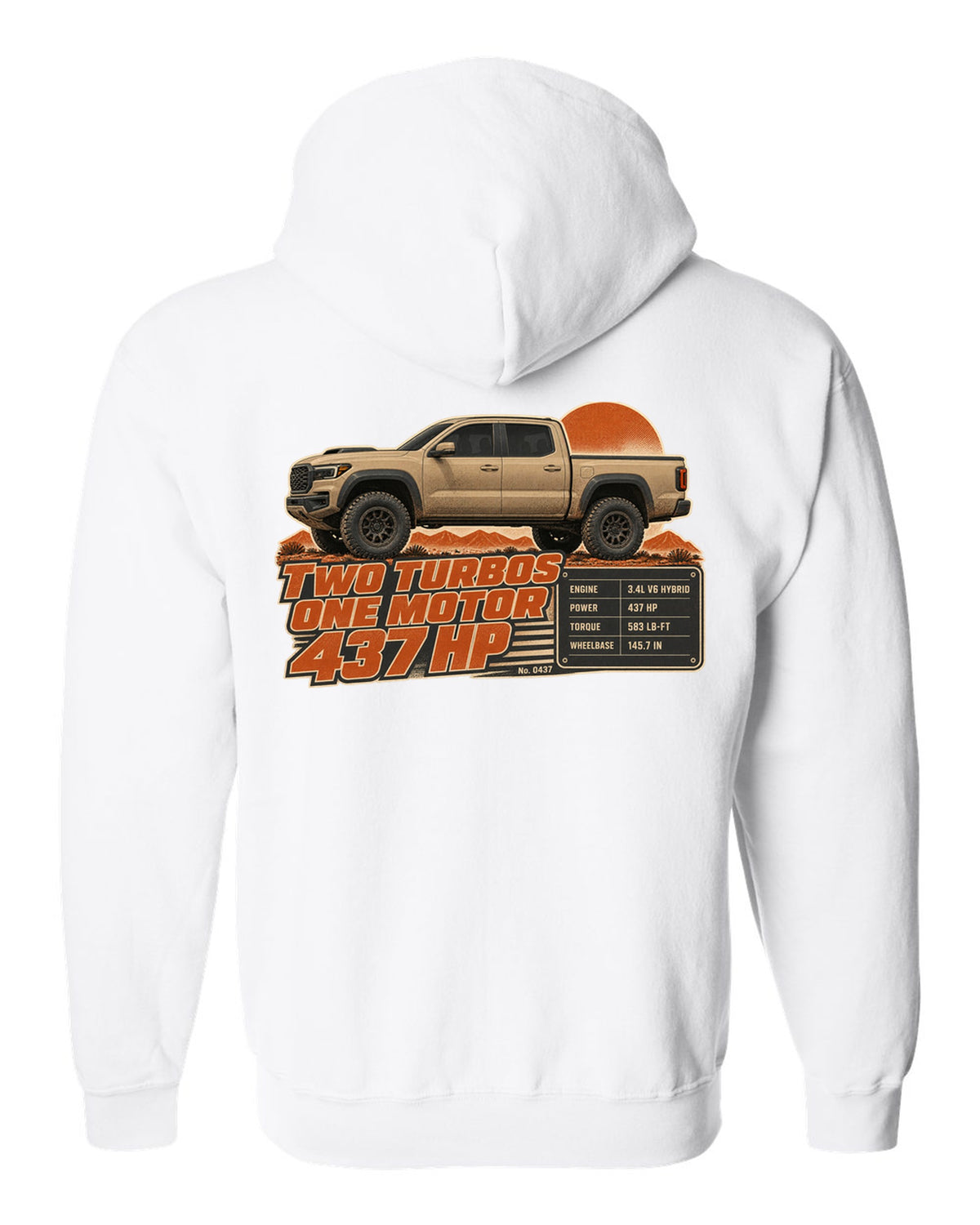 Toyota Tundra TRD Pro i-FORCE MAX hybrid spec poster design white zip hoodie back view with the design