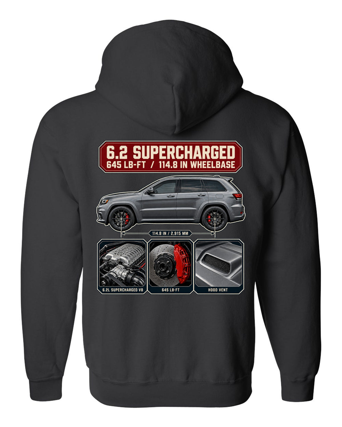 Dossier panel print of the Jeep Grand Cherokee Trackhawk WK2 with engine and torque black zip hoodie back view with the design