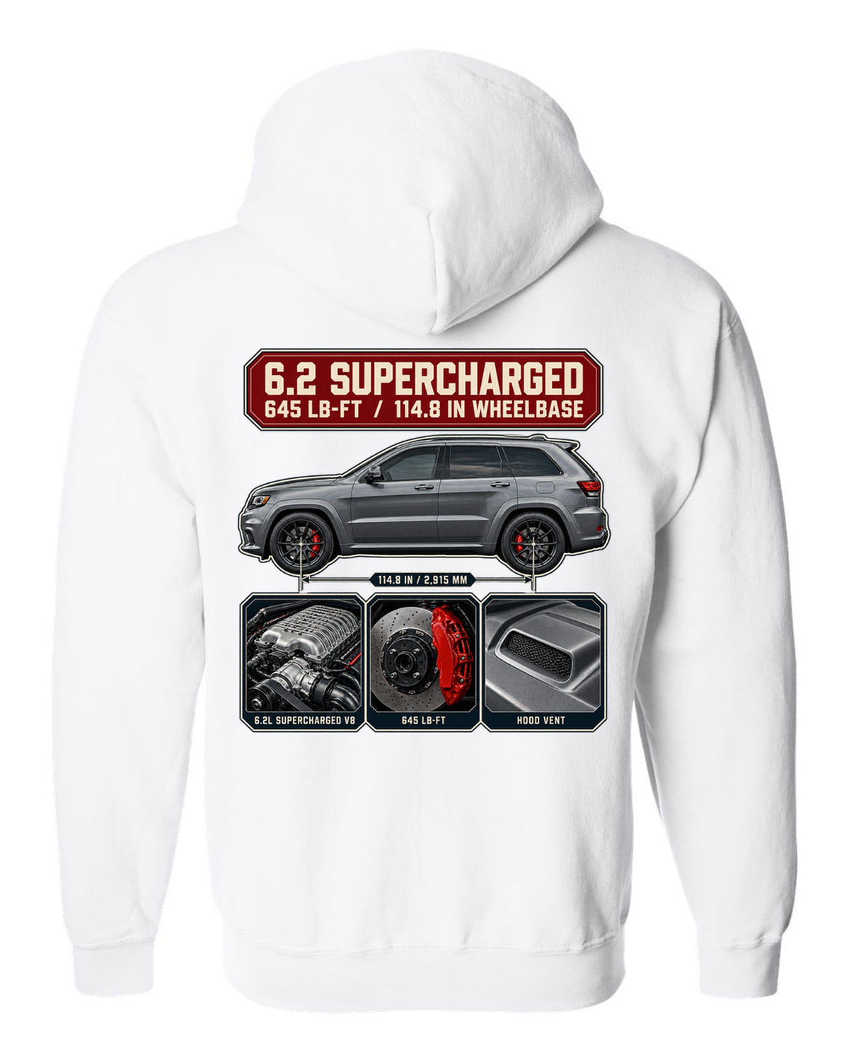 Dossier panel print of the Jeep Grand Cherokee Trackhawk WK2 with engine and torque white zip hoodie back view with the design