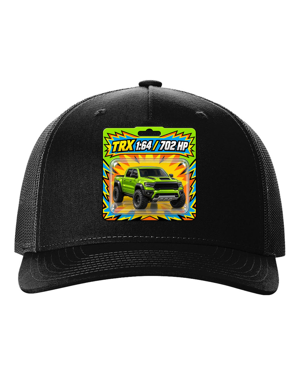 print of a 1:64 toy blister card featuring the Ram 1500 TRX with 702 HP black hat front view with the design