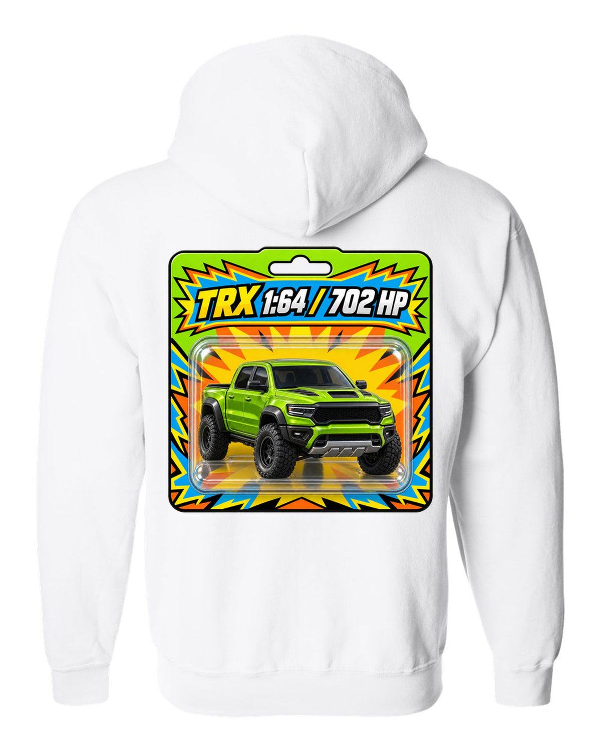 print of a 1:64 toy blister card featuring the Ram 1500 TRX with 702 HP white zip hoodie back view with the design