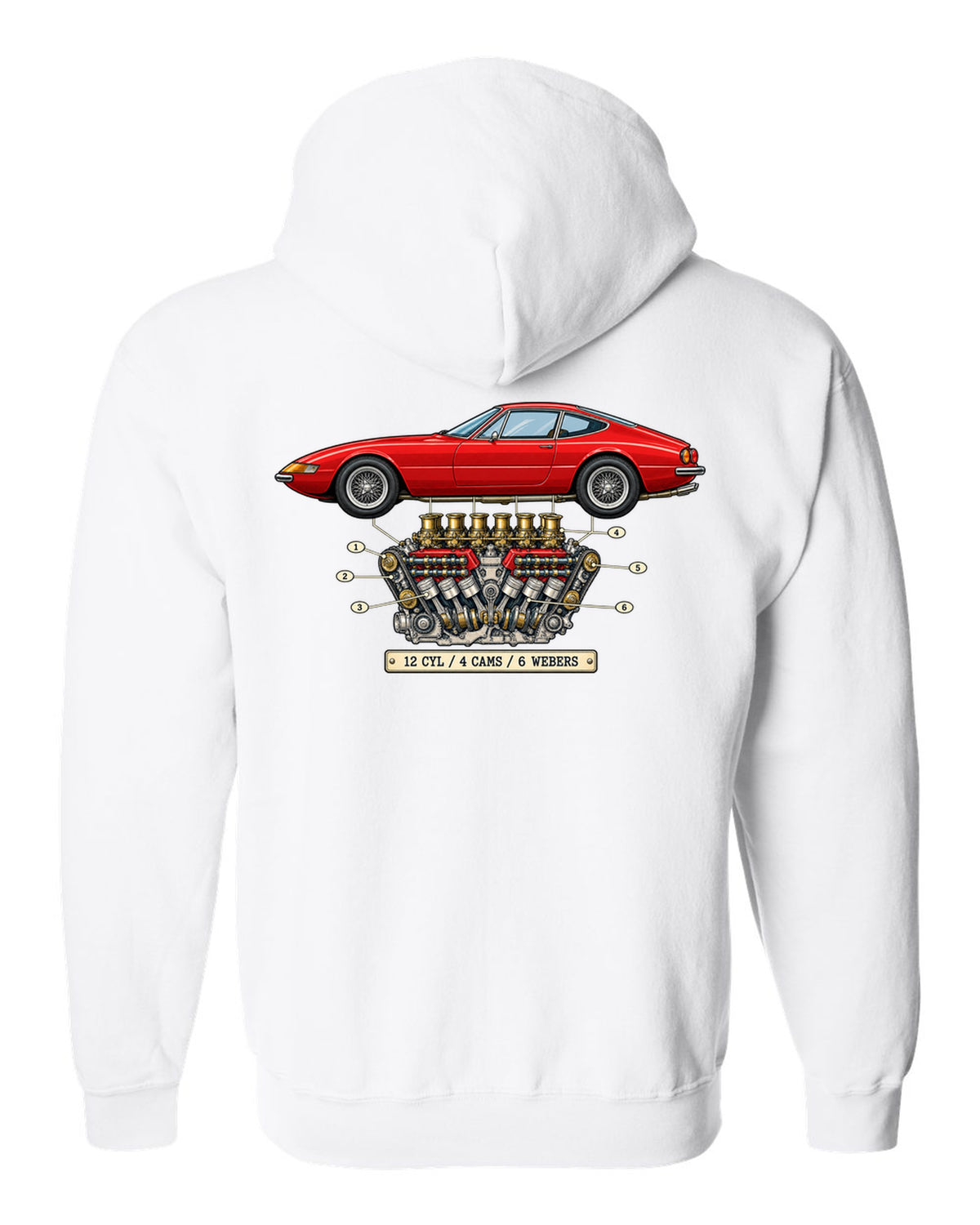 Patent-style drawing of the Ferrari 365 GTB/4 Daytona V12 engine white zip hoodie back view with the design