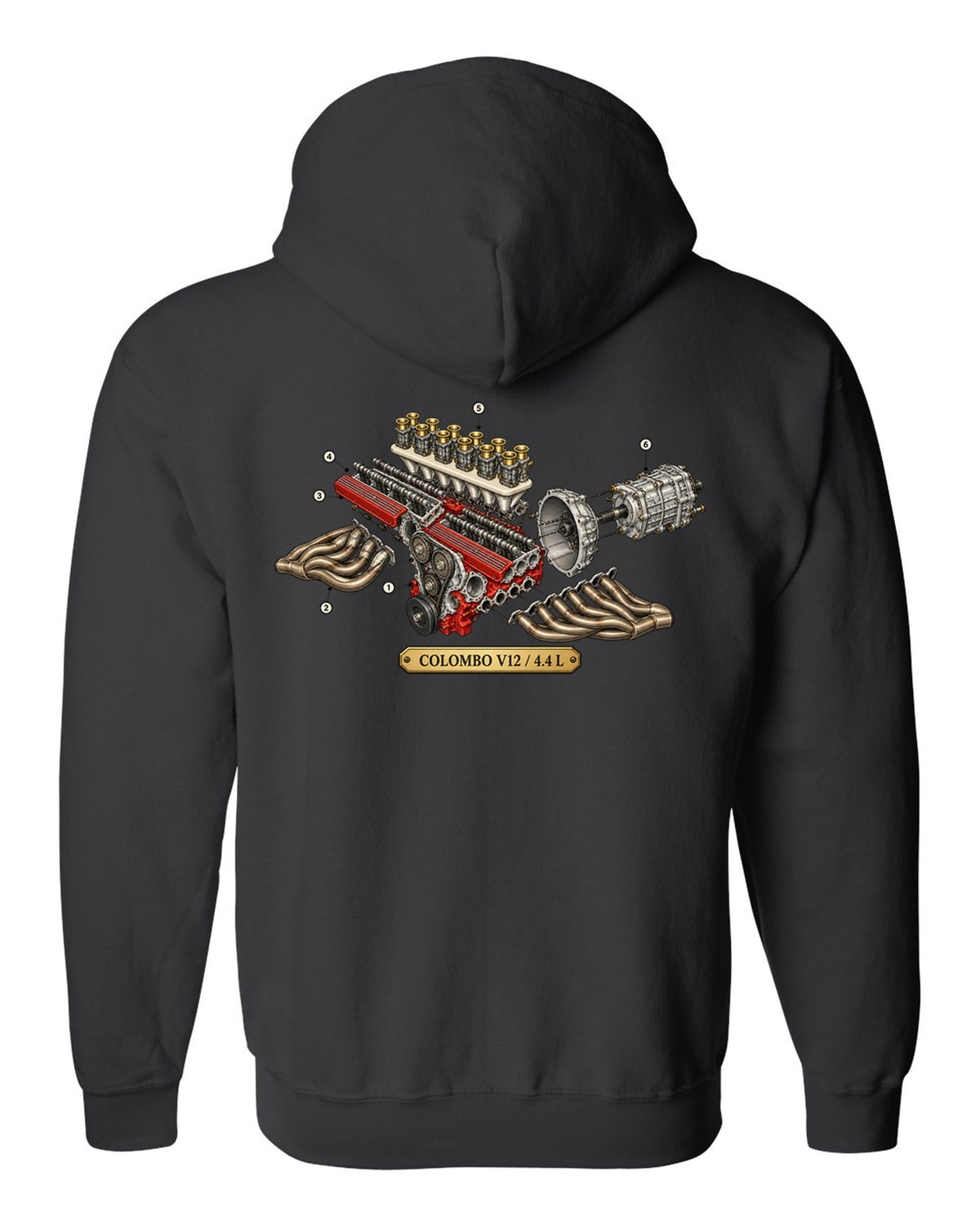 Exploded view of the Ferrari 365 GTB/4 Daytona Colombo V12 engine black zip hoodie back view with the design