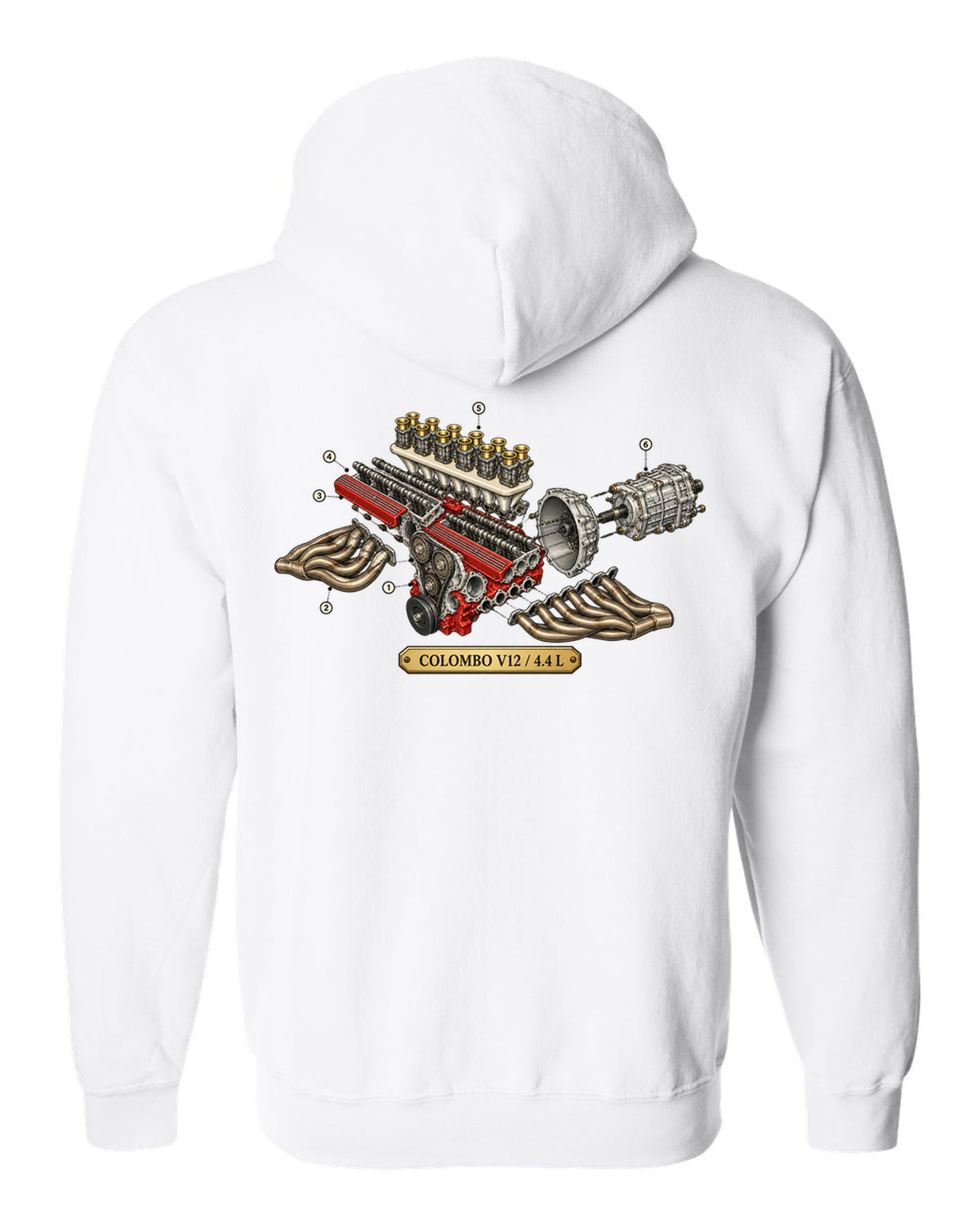 Exploded view of the Ferrari 365 GTB/4 Daytona Colombo V12 engine white zip hoodie back view with the design