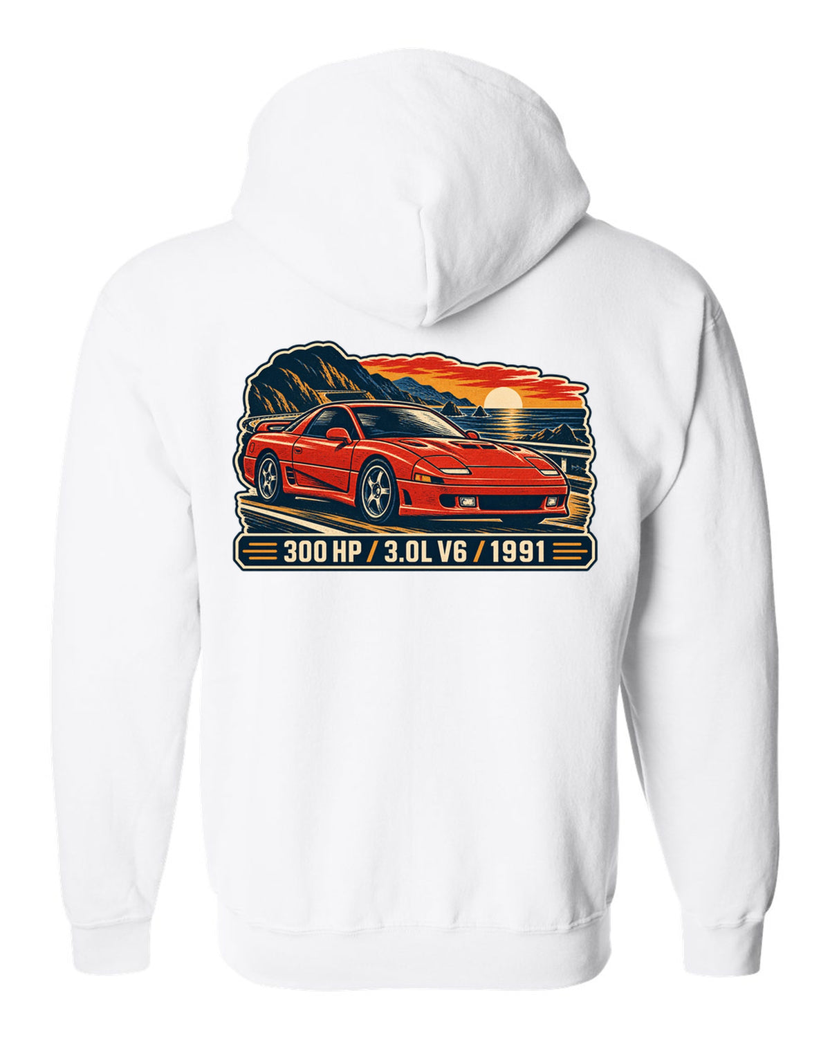 Linocut woodcut print of the Mitsubishi 3000GT VR-4 with 300 HP 3.0L V6 1991 text white zip hoodie back view with the design