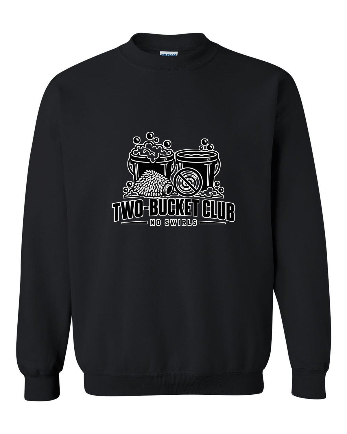 Two buckets with bubbles, wash mitt and crossed-out swirl black crewneck front view with the design