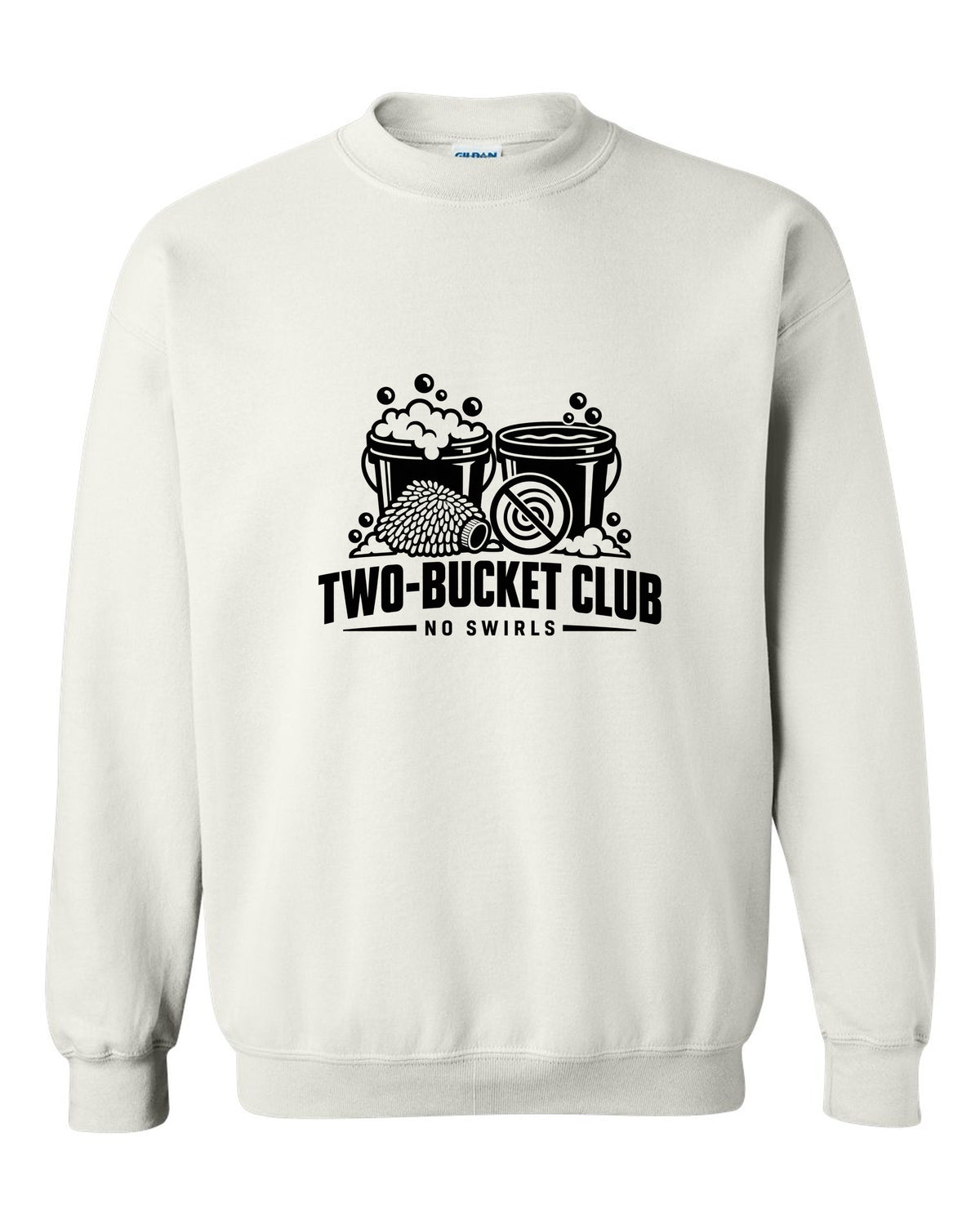 Two buckets with bubbles, wash mitt and crossed-out swirl white crewneck front view with the design