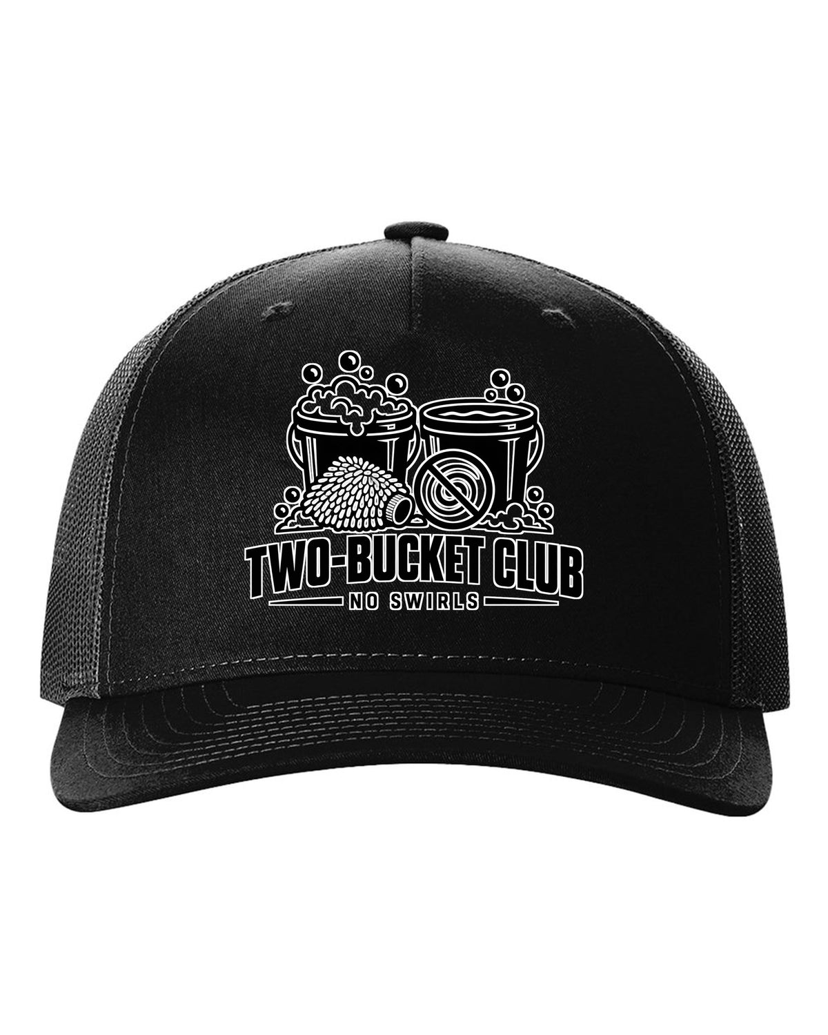 Two buckets with bubbles, wash mitt and crossed-out swirl black hat front view with the design