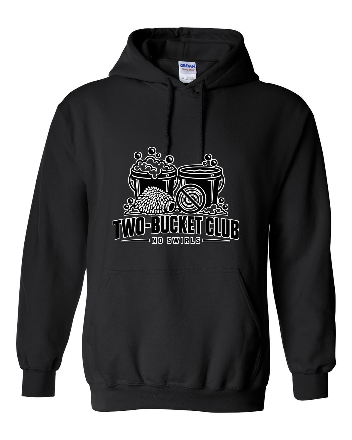 Two buckets with bubbles, wash mitt and crossed-out swirl black pull over hoodie front view with the design