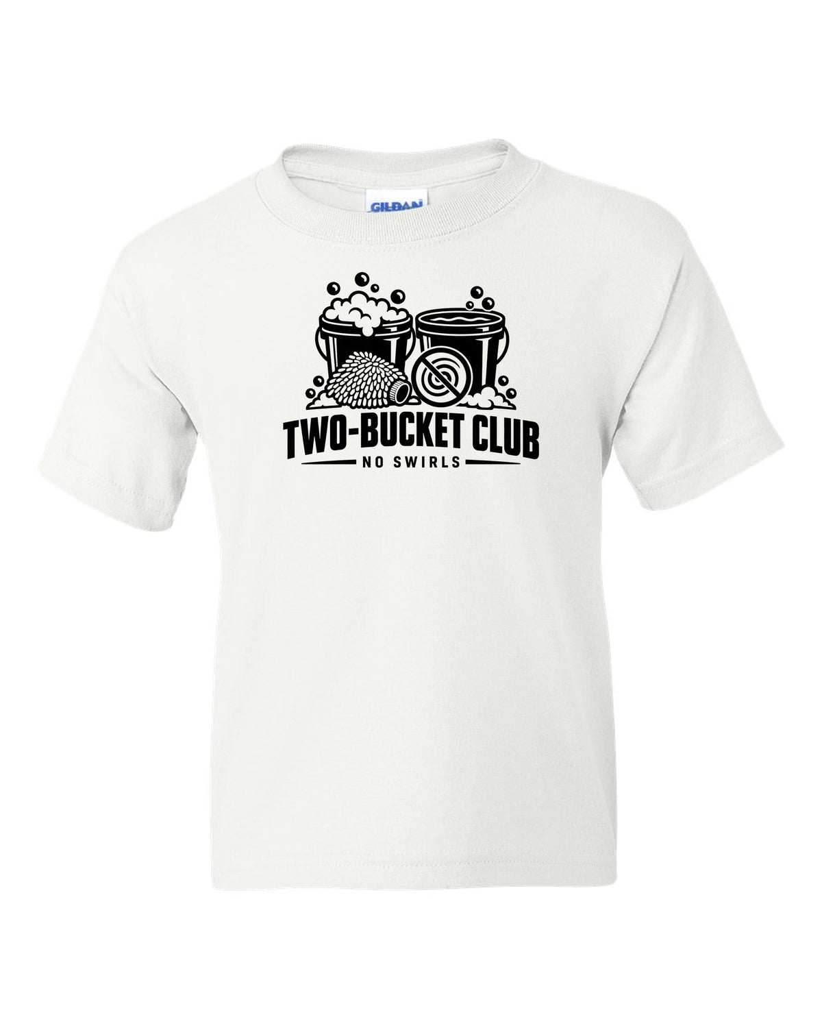 Two buckets with bubbles, wash mitt and crossed-out swirl white kids tee front view with the design