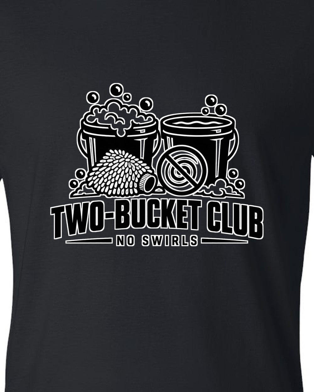 Two buckets with bubbles, wash mitt and crossed-out swirl black t-shirt close-up