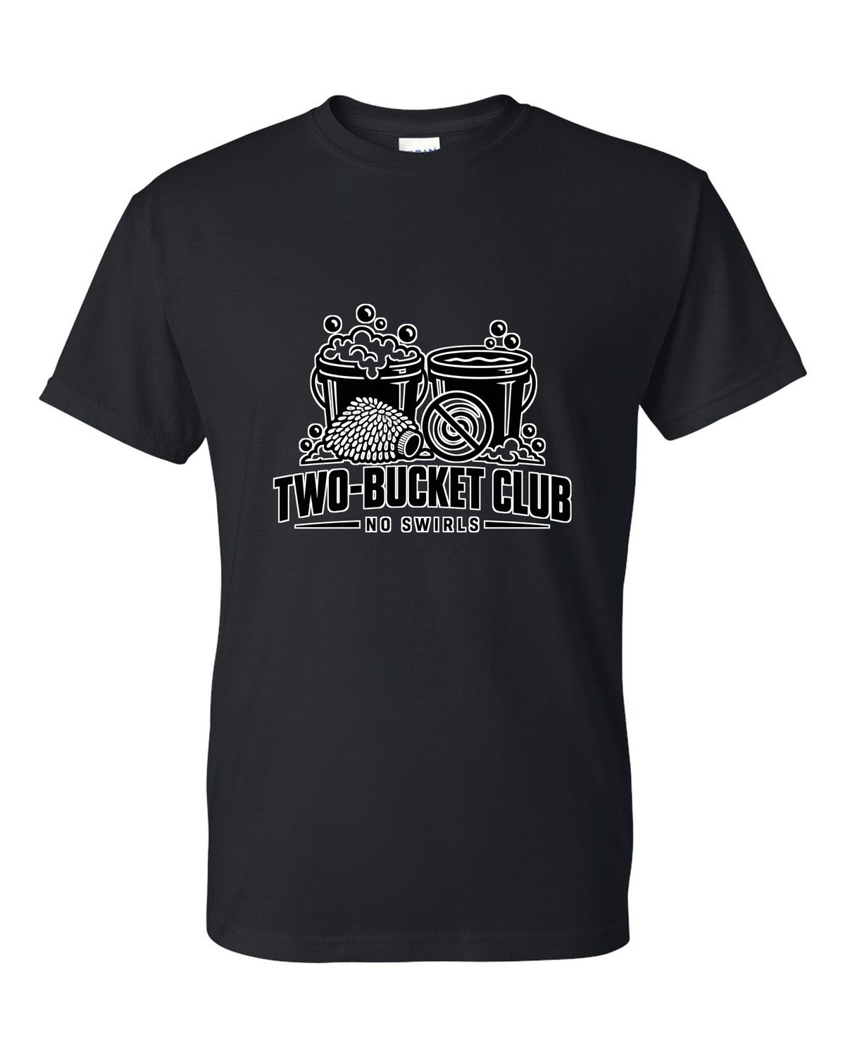 Two buckets with bubbles, wash mitt and crossed-out swirl black t-shirt front view with the design