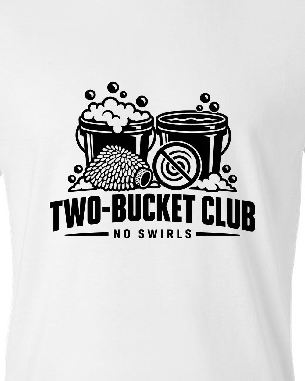 Two buckets with bubbles, wash mitt and crossed-out swirl white t-shirt close-up