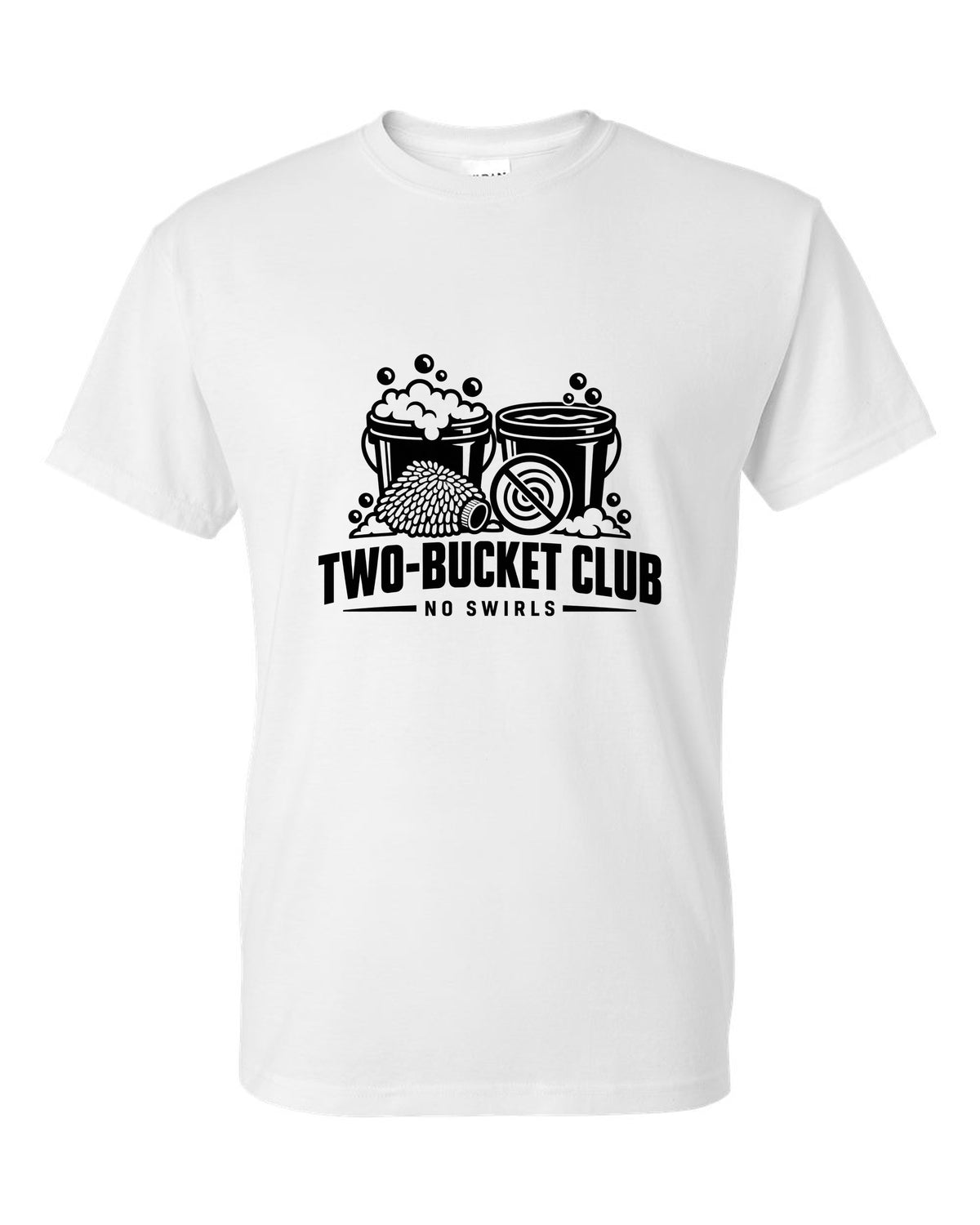 Two buckets with bubbles, wash mitt and crossed-out swirl white t-shirt front view with the design