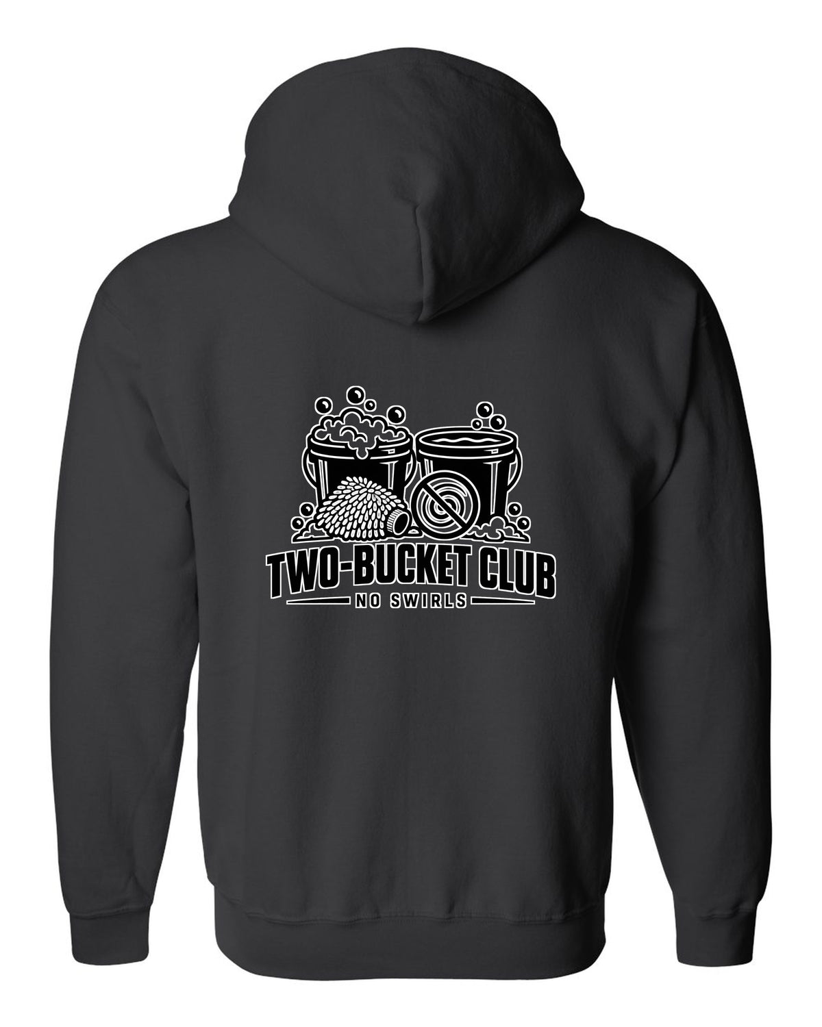 Two buckets with bubbles, wash mitt and crossed-out swirl black zip hoodie back view with the design