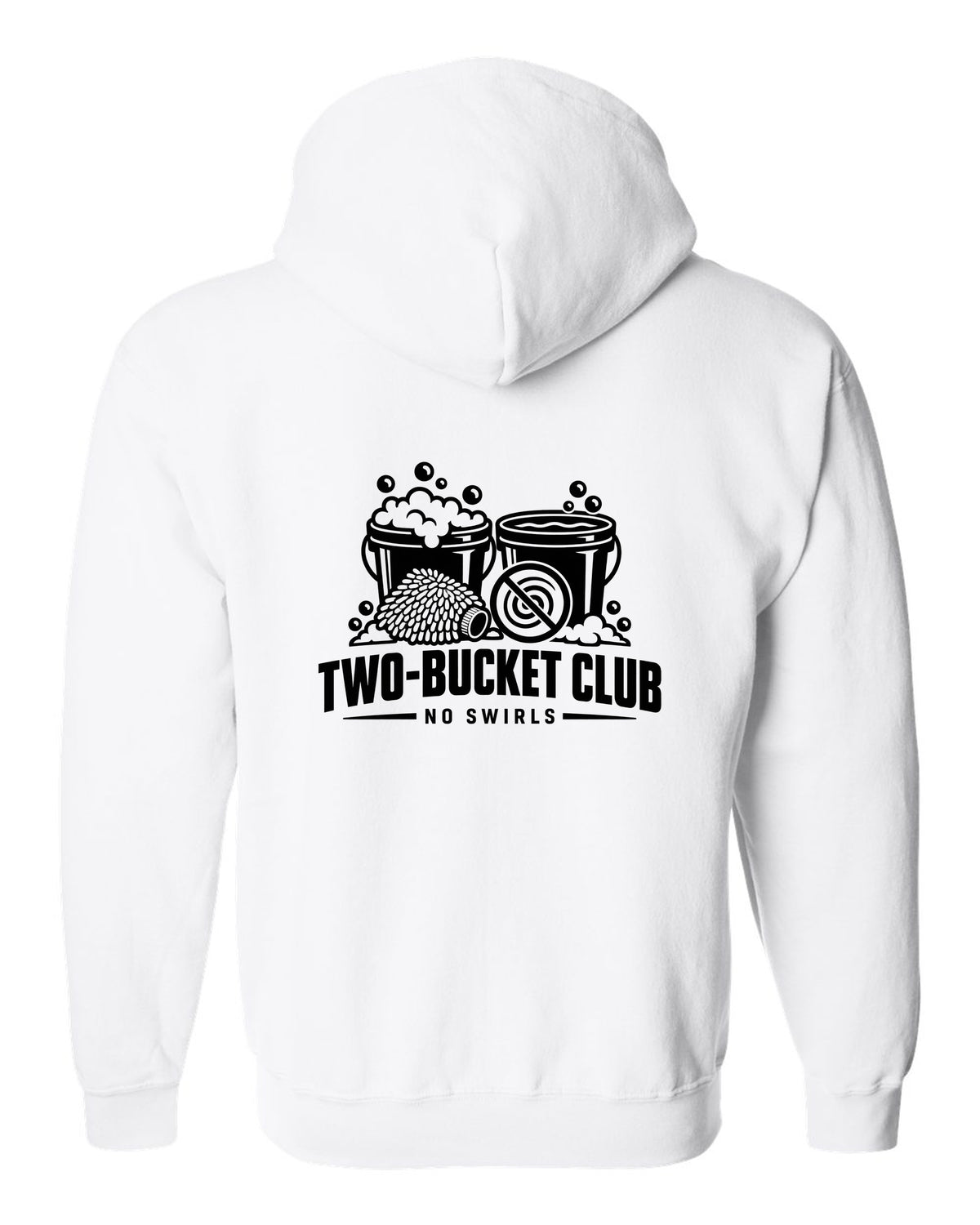 Two buckets with bubbles, wash mitt and crossed-out swirl white zip hoodie back view with the design