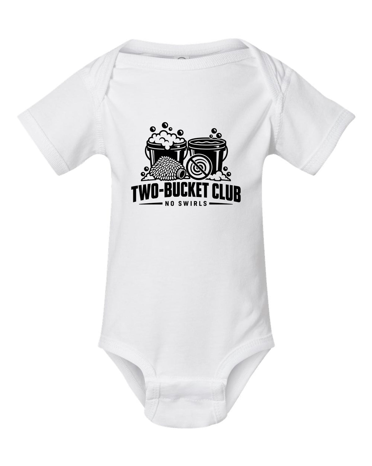 Two Bucket Method No Swirls Car Wash Shirt for Car Guys white baby onesie front view with the design