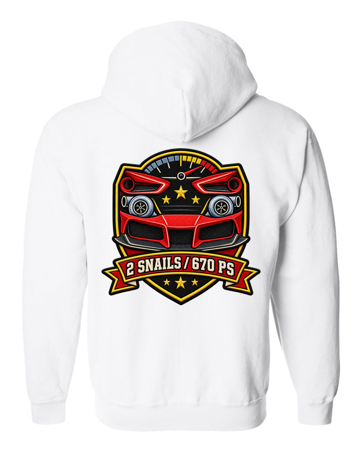 Shield layout for the Ferrari 488 GTB with 2 snails and 670 PS text white zip hoodie back view with the design