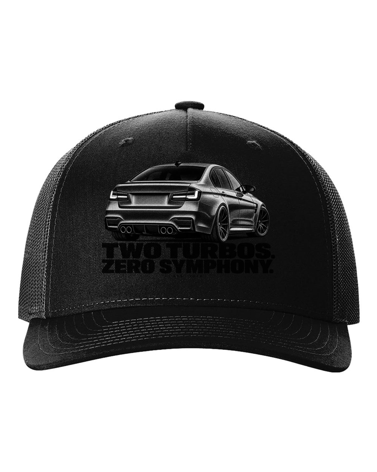 BMW F80 M3 sedan halftone print with two turbos zero symphony text black hat front view with the design