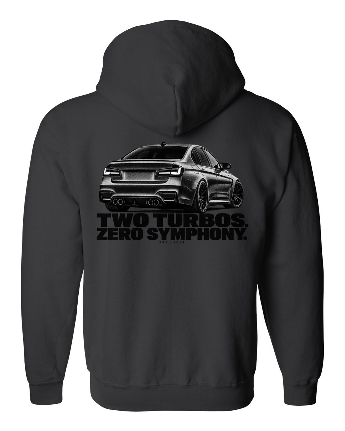 BMW F80 M3 sedan halftone print with two turbos zero symphony text black zip hoodie back view with the design