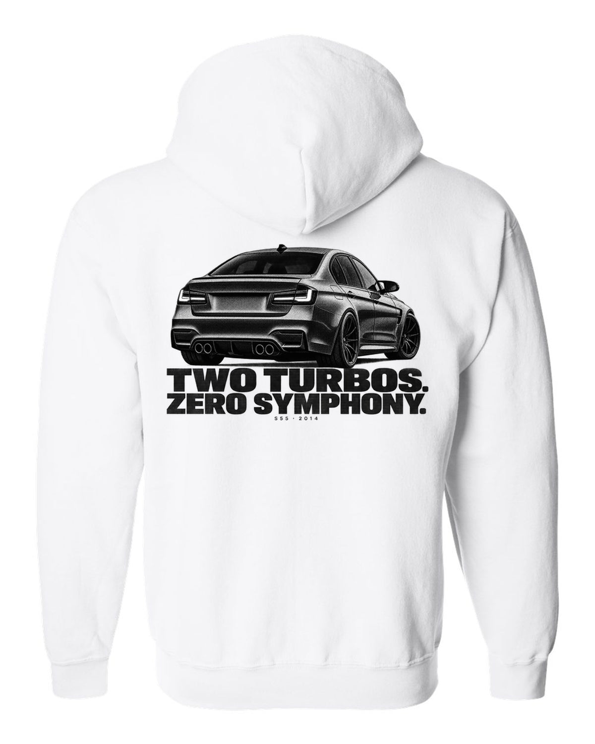 BMW F80 M3 sedan halftone print with two turbos zero symphony text white zip hoodie back view with the design