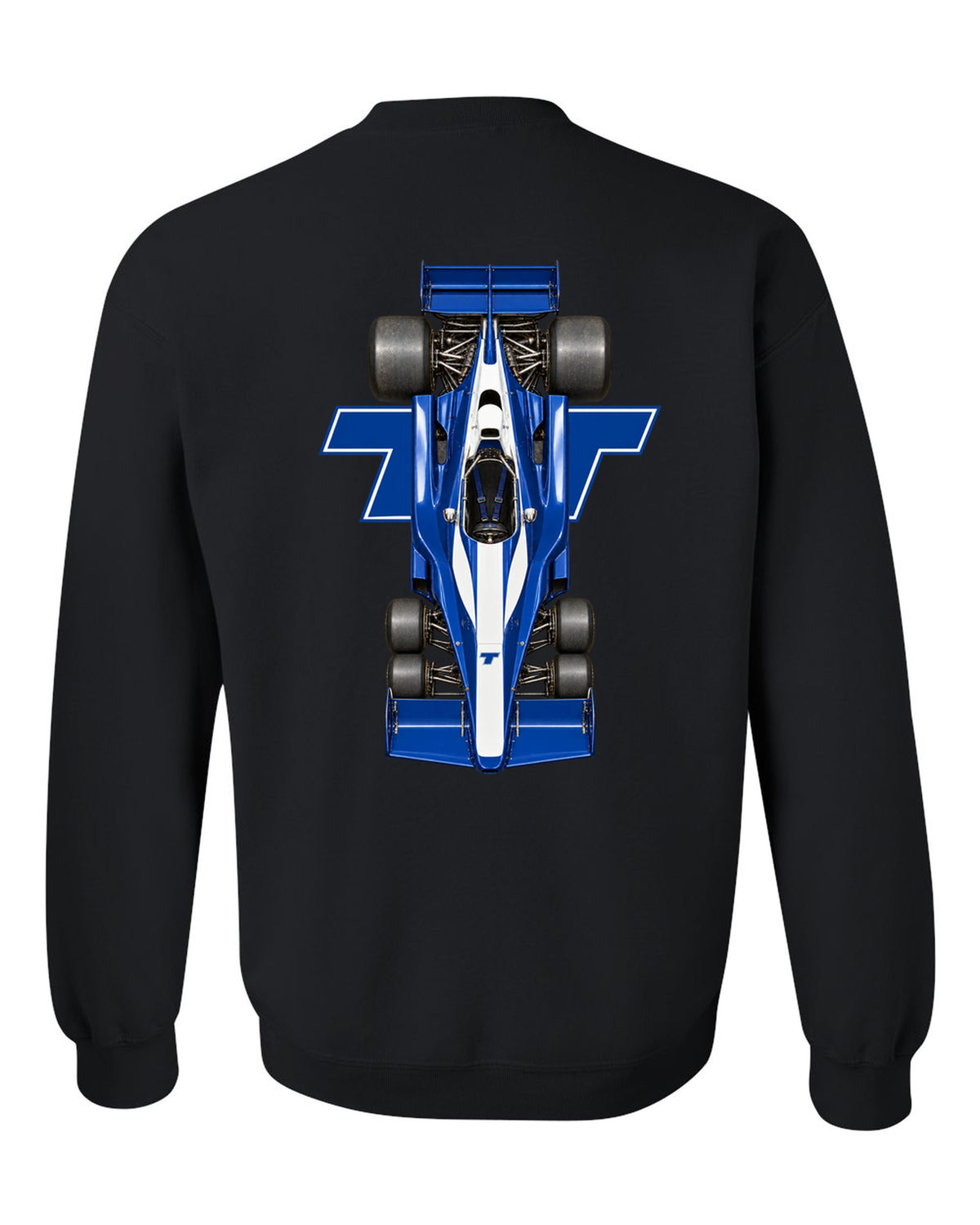 Tyrrell P34 1976 Formula 1 overhead poster artwork black crewneck back view with the design