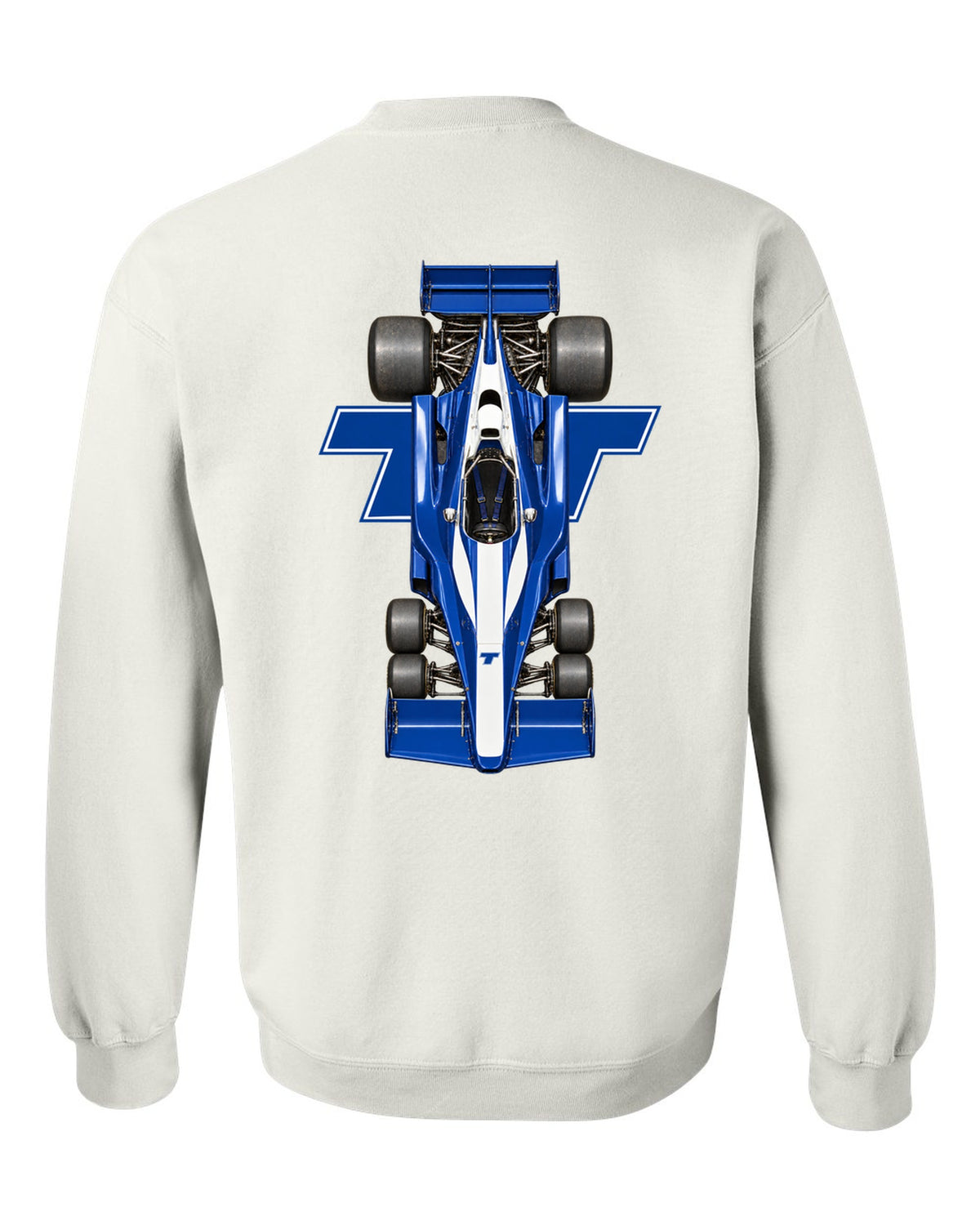 Tyrrell P34 1976 Formula 1 overhead poster artwork white crewneck back view with the design