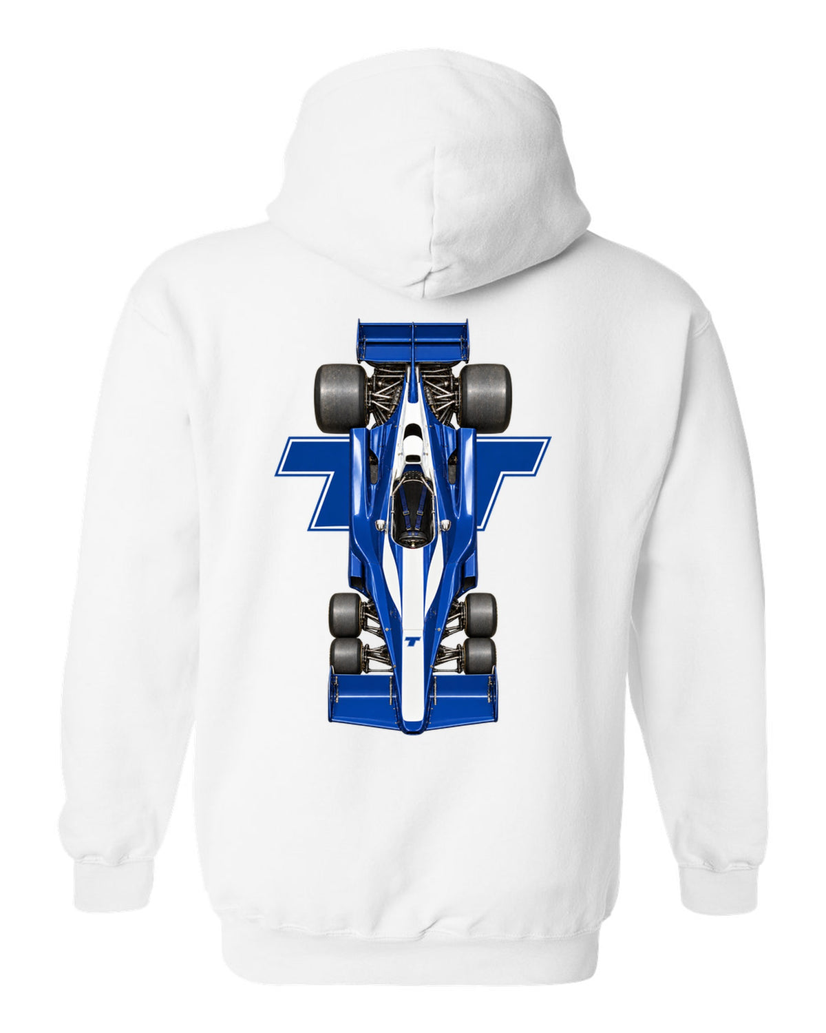Tyrrell P34 1976 Formula 1 overhead poster artwork white pull over hoodie back view with the design