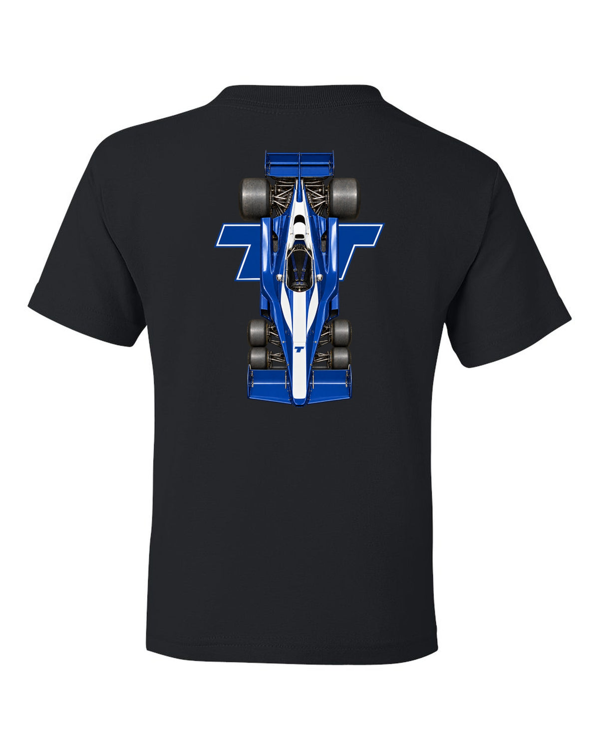 Tyrrell P34 1976 Formula 1 overhead poster artwork black kids tee back view with the design